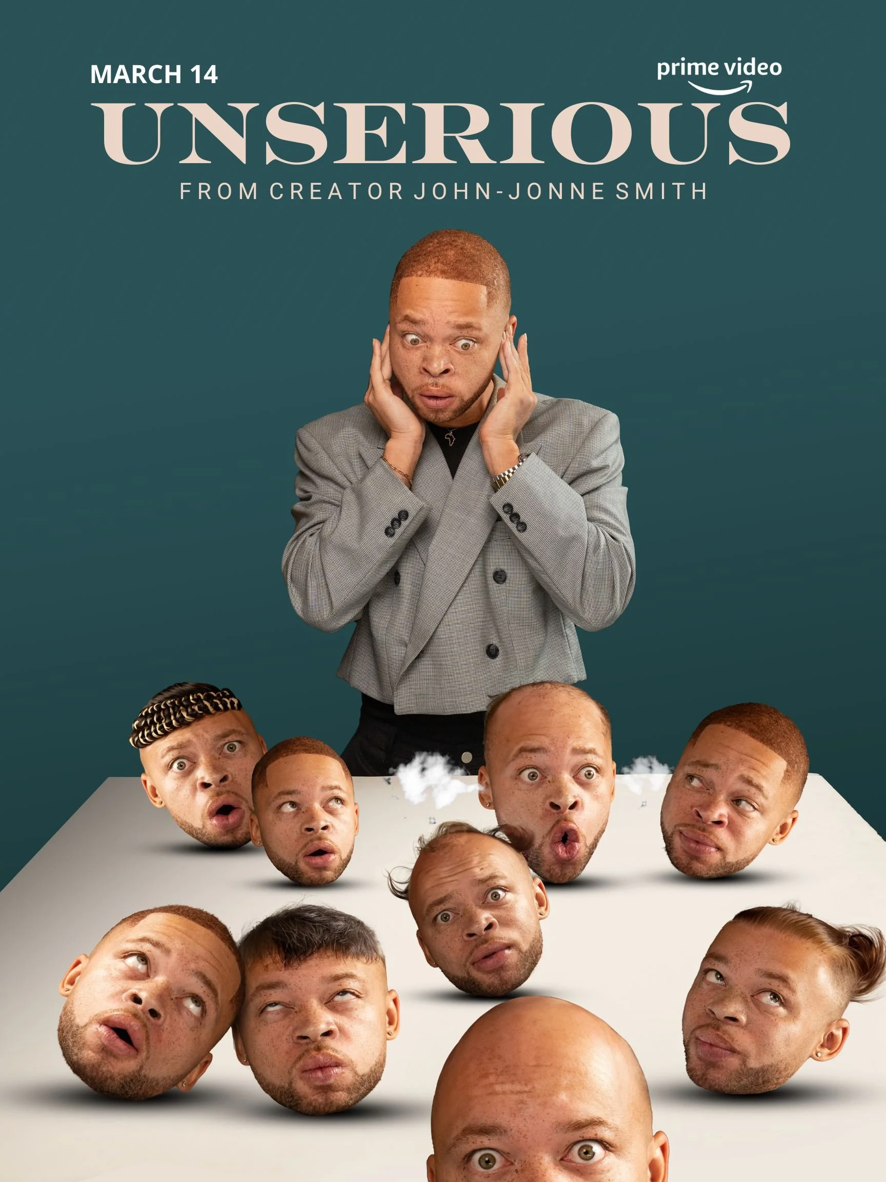 Promotional poster for the series 'Unserious' featuring a man with orange hair and a surprised expression, standing above a table with cutout heads of various people with different facial expressions, set against a green background.