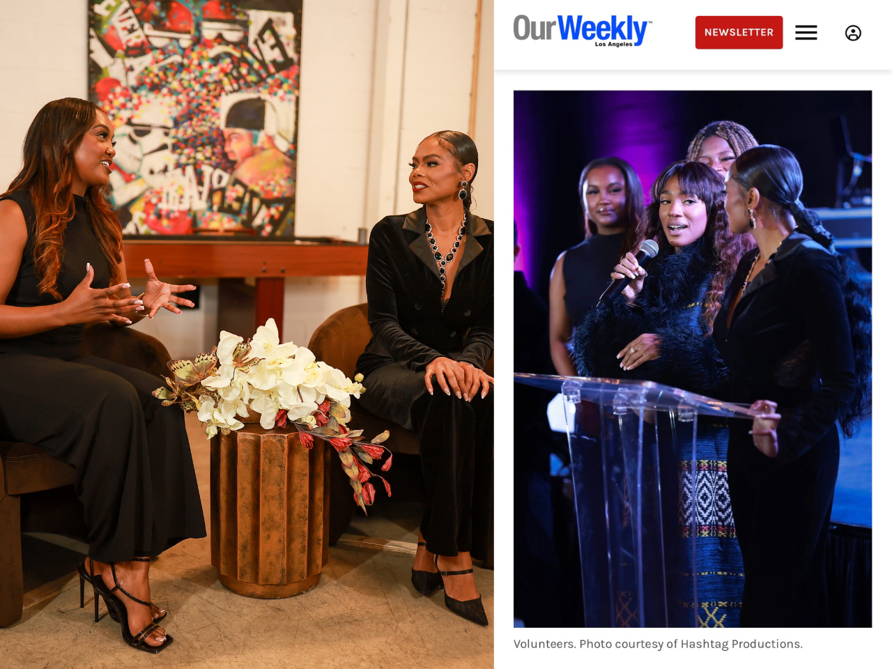 Two women are seated and engaged in conversation in an indoor setting, with a colorful artwork in the background. One woman is wearing a black dress and pointed black heels, while the other woman is dressed in a black velvet outfit and jewelry. In the second part of the image, a group of women are standing, with one woman speaking into a microphone at a podium, wearing a black furry cardigan, against a dark background with purple lighting.