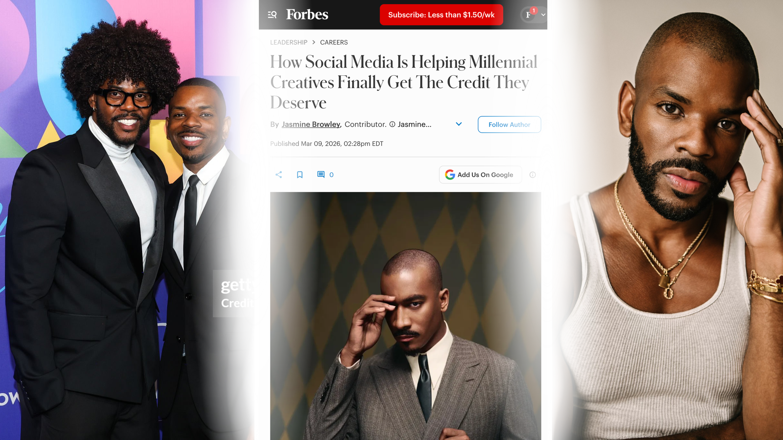 A collage of three images: on the left, two men in tuxedos at an event; in the center, a man in a suit with a serious expression, touching his temple; on the right, a close-up of a man with a shaved head and beard, wearing jewelry and a white tank top.