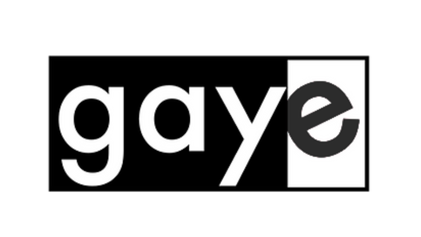 The word 'gaye' styled with a modern font, with a black and white color scheme, partially inside a rectangular frame.