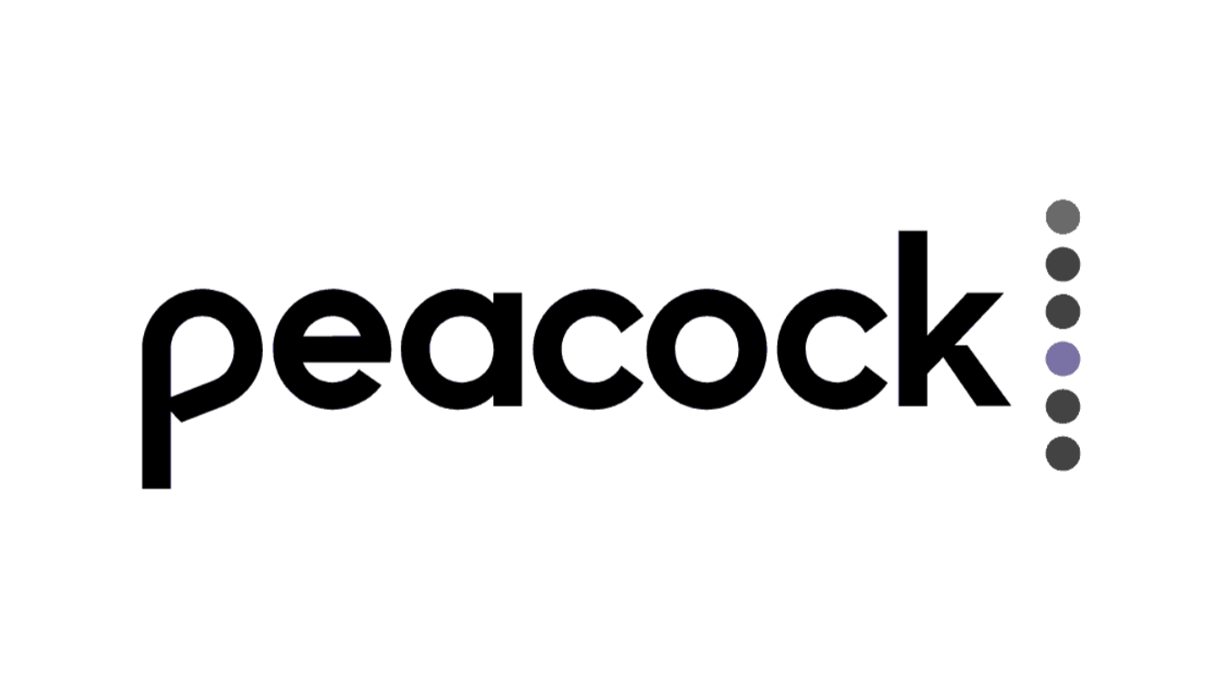 Peacock logo with the word 'peacock' in black lowercase letters and colored dots on the right