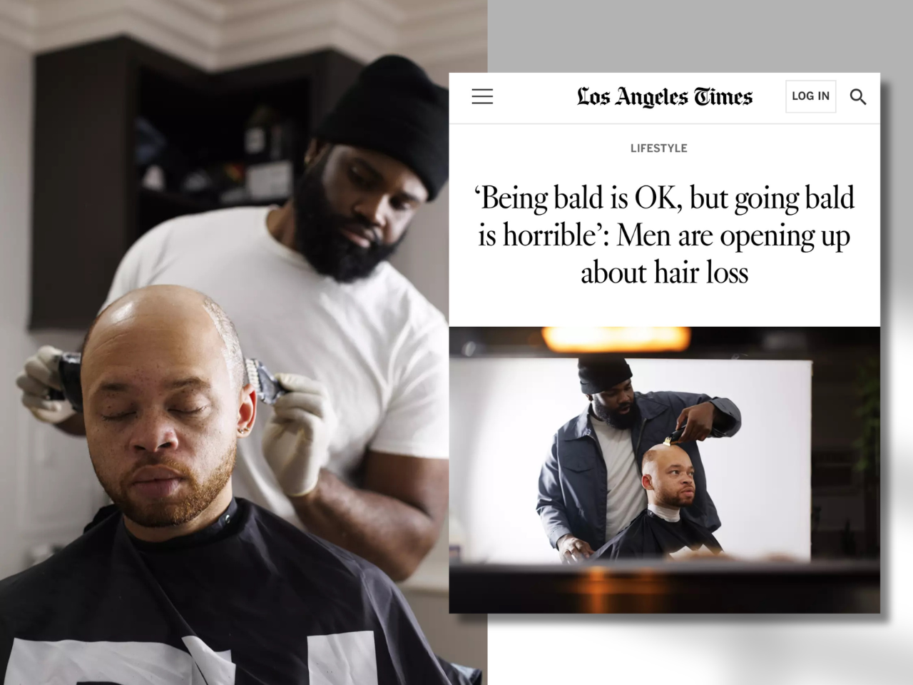 A man with a shaved head sitting in a barber's chair while a barber trims his hair. The barber is wearing a black beanie and a white t-shirt.
