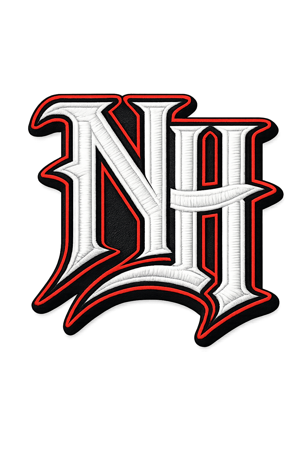 A stylized embroidered letter 'N' with gothic design, outlined in red, white, and black.