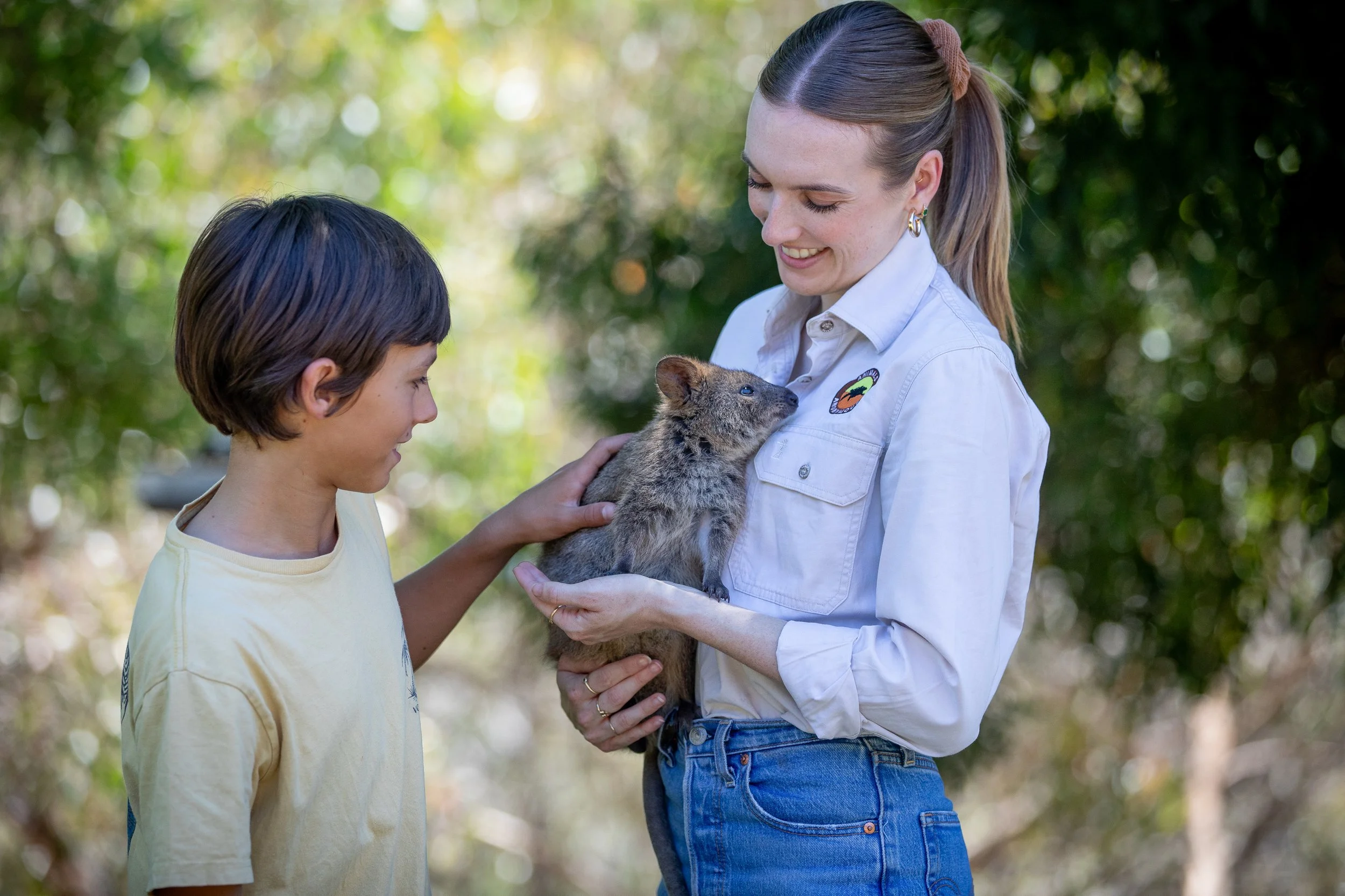 A young boy gently touching a quokka held by a woman in an outdoor wooded area.