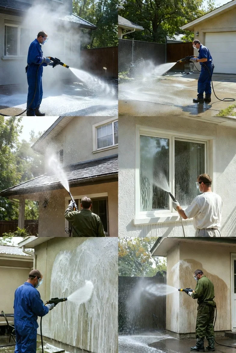 Multiple people power washing the exterior walls of houses and windows.