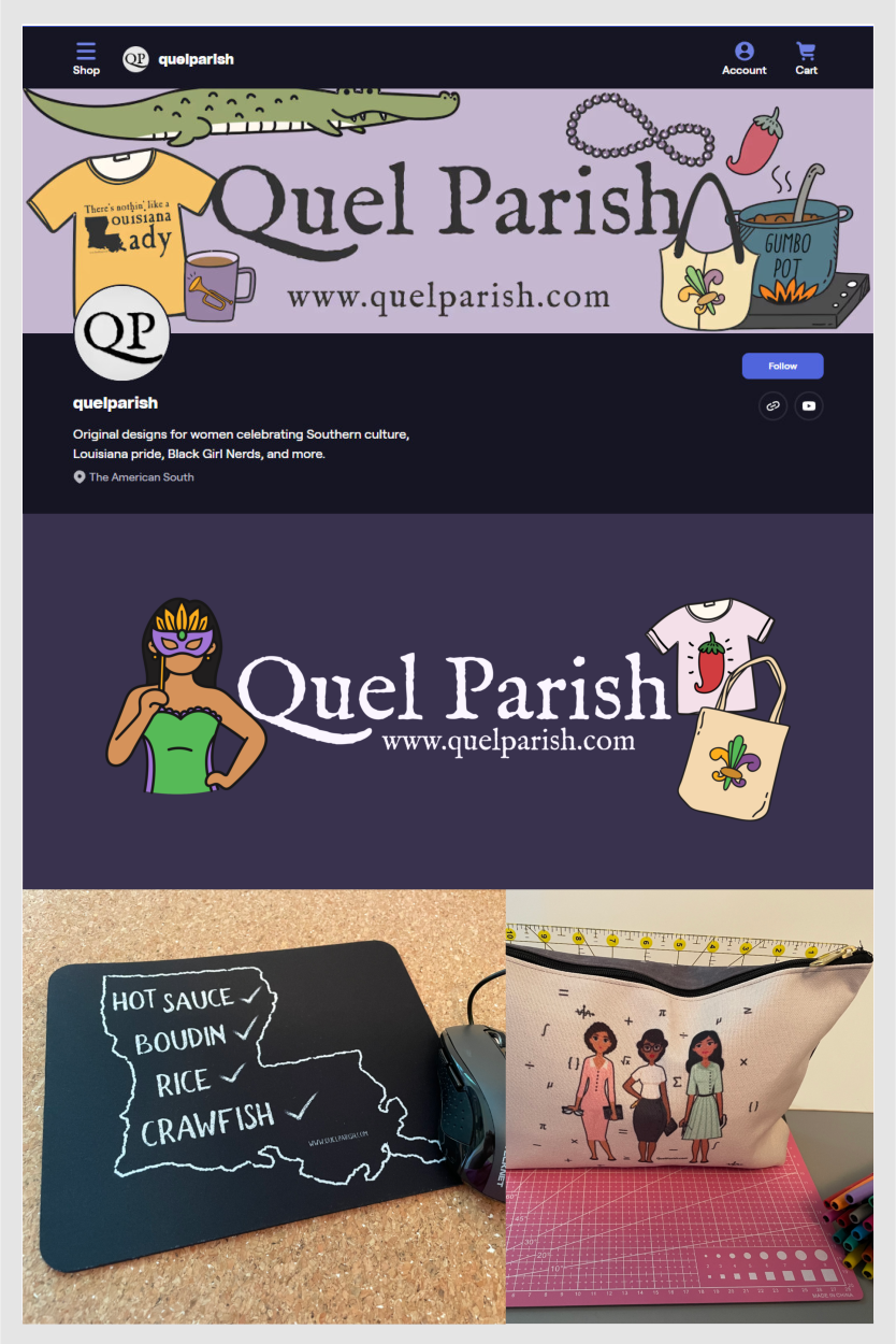 Quel Parish sells women’s clothing, accessories, and supplies featuring design themes rooted in Southern culture, Louisiana pride, and vintage Black beauty.