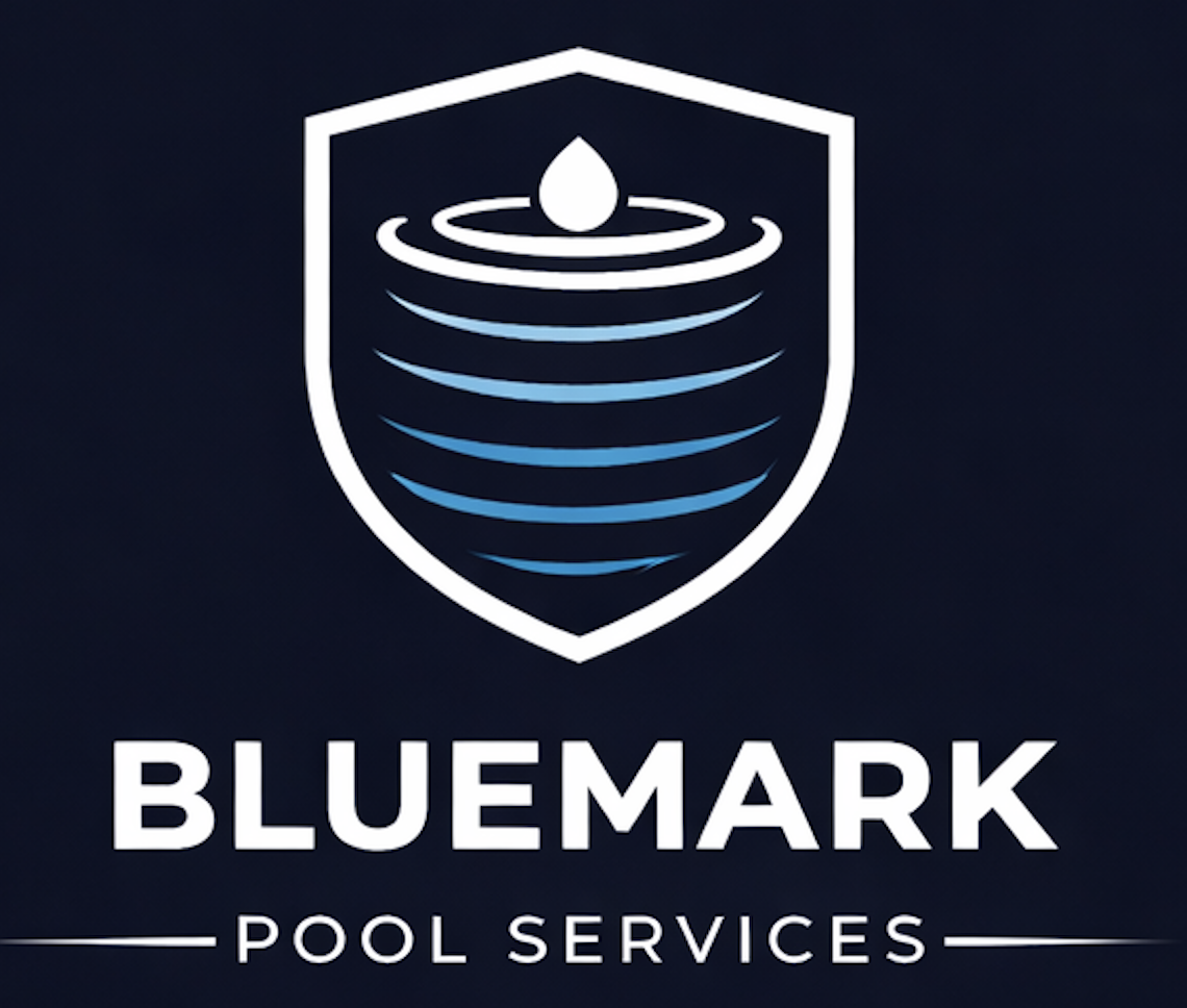 BlueMark Pool Services logo featuring a shield emblem with a water droplet and ripples, and text that reads 'BLUE MARK POOL SERVICES'.