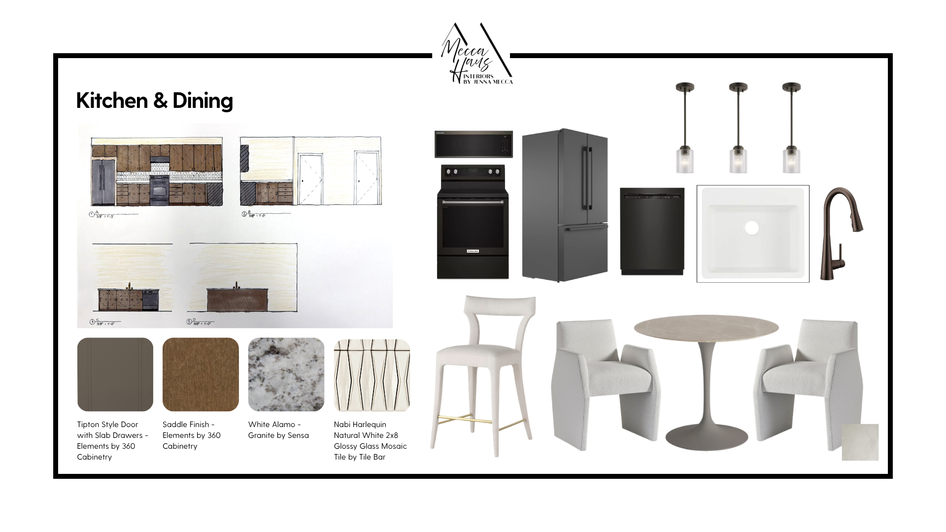 Stained cabinetry in a rich saddle finish meets White Alamo granite and a glossy white mosaic backsplash — durable enough for a busy week, considered enough to feel like a choice. Oil-rubbed bronze hardware carries through to the dining area, where a