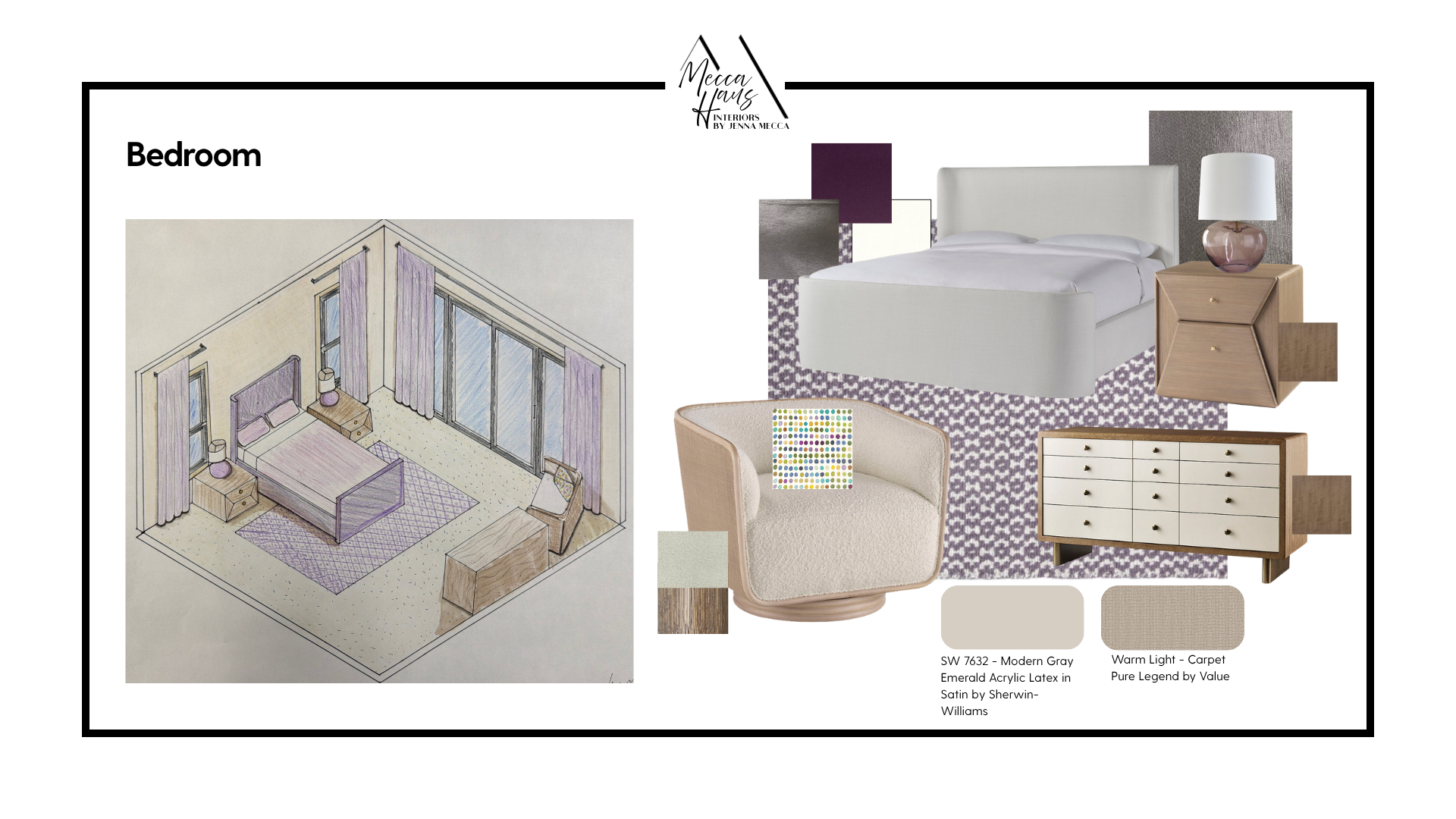 The bedroom was designed to feel like the rest of the apartment exhales into it. Violet moves through the textiles — sateen drapery and bedding that catch light without demanding it — while warm wood casegoods keep the space grounded. A boucle accent