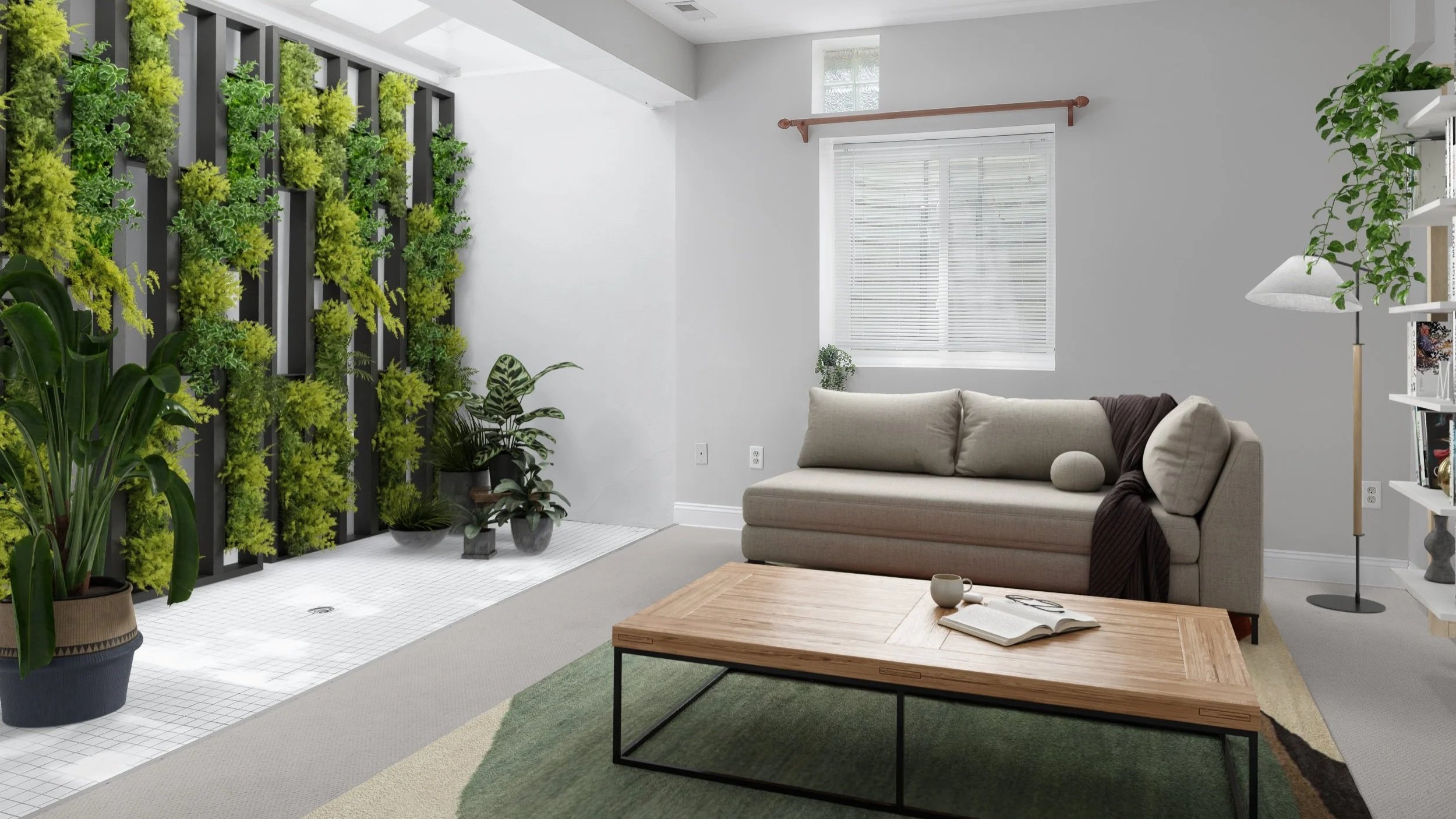 biophilic reading room with plant wall