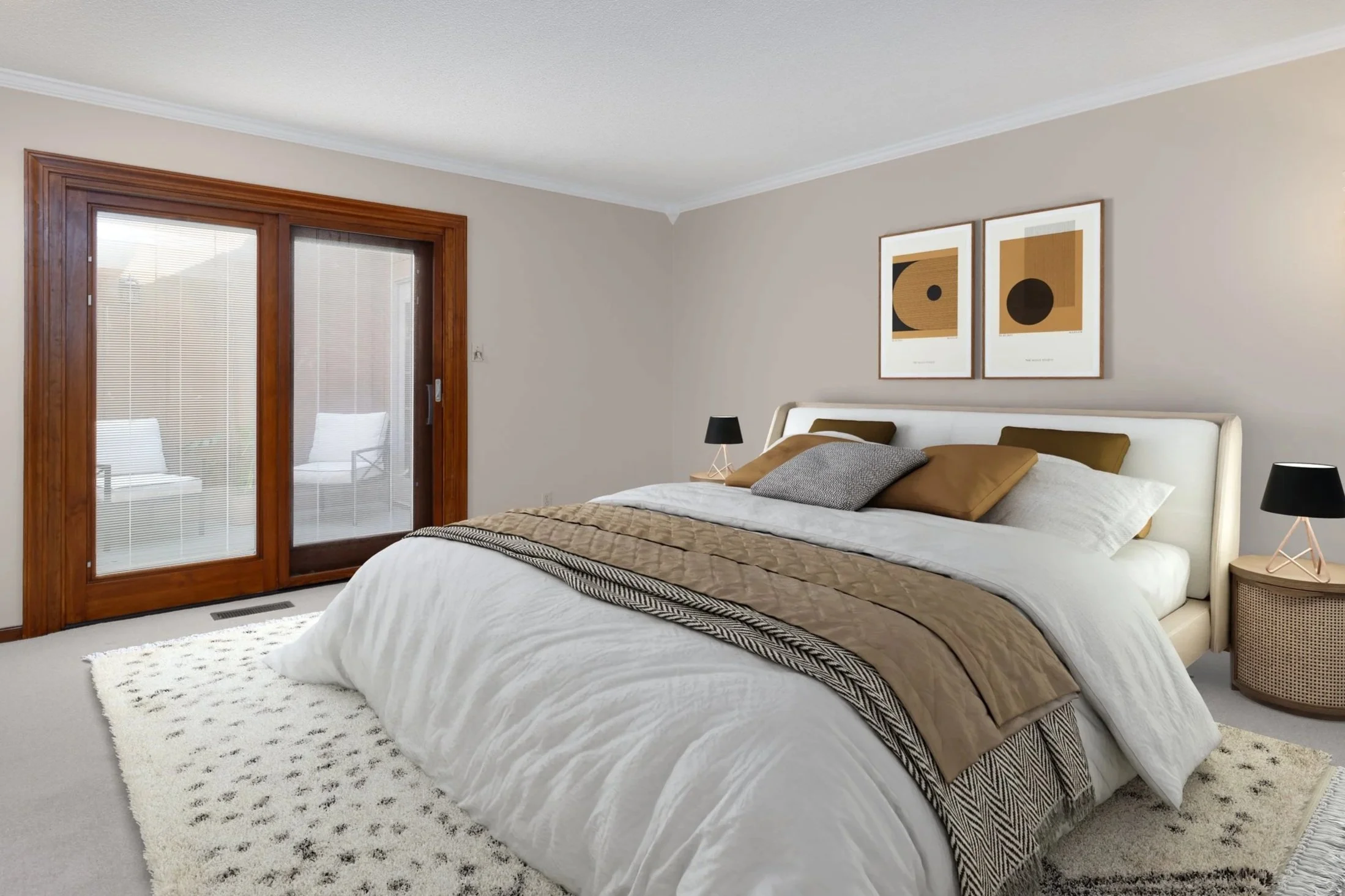 A bedroom with a white bed, brown and gray pillows, a black lampshade on a small bedside table, framed abstract art on the wall, and sliding glass doors with wooden trim leading to a balcony.