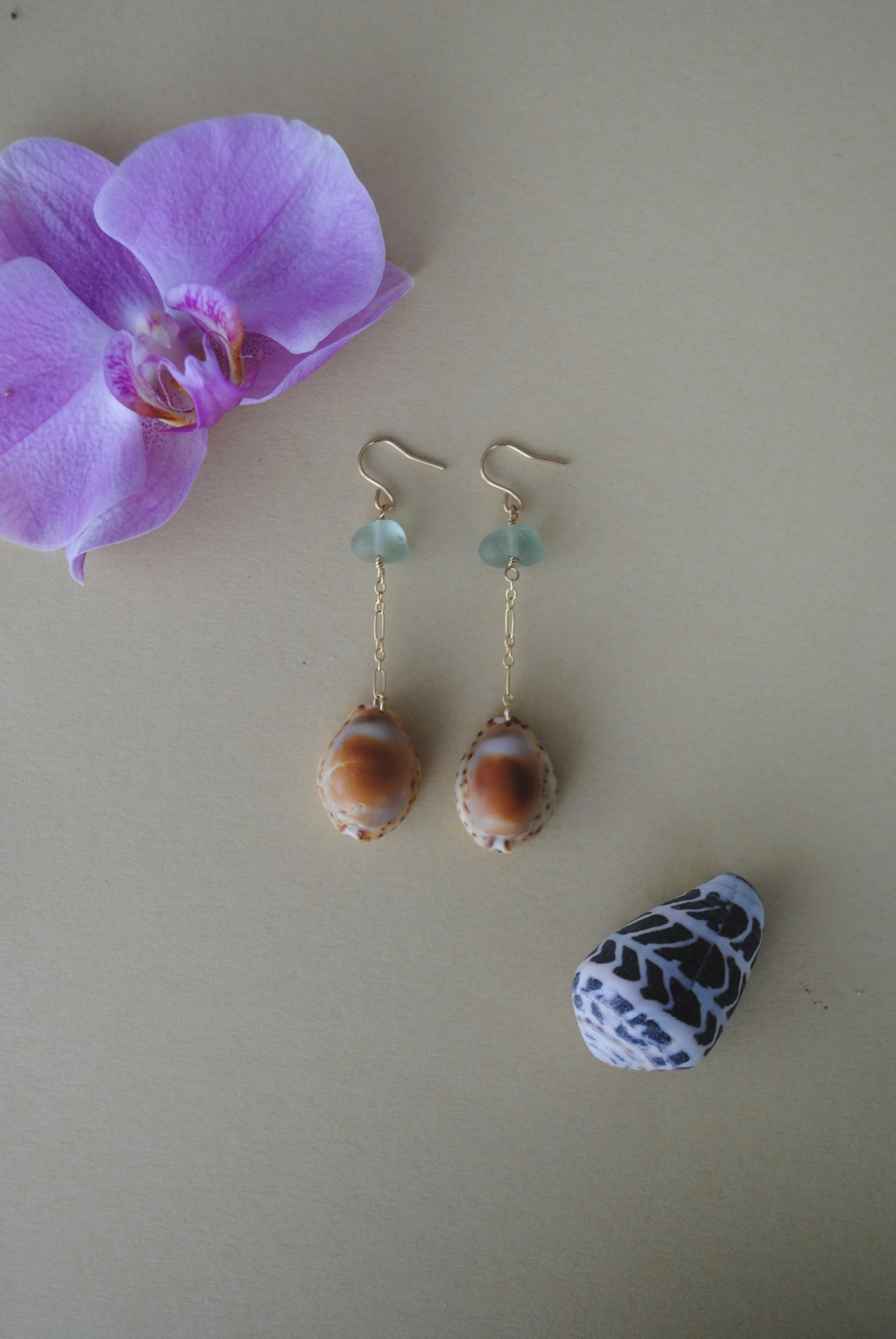 Sea Glass and Cowrie Shell Earrings