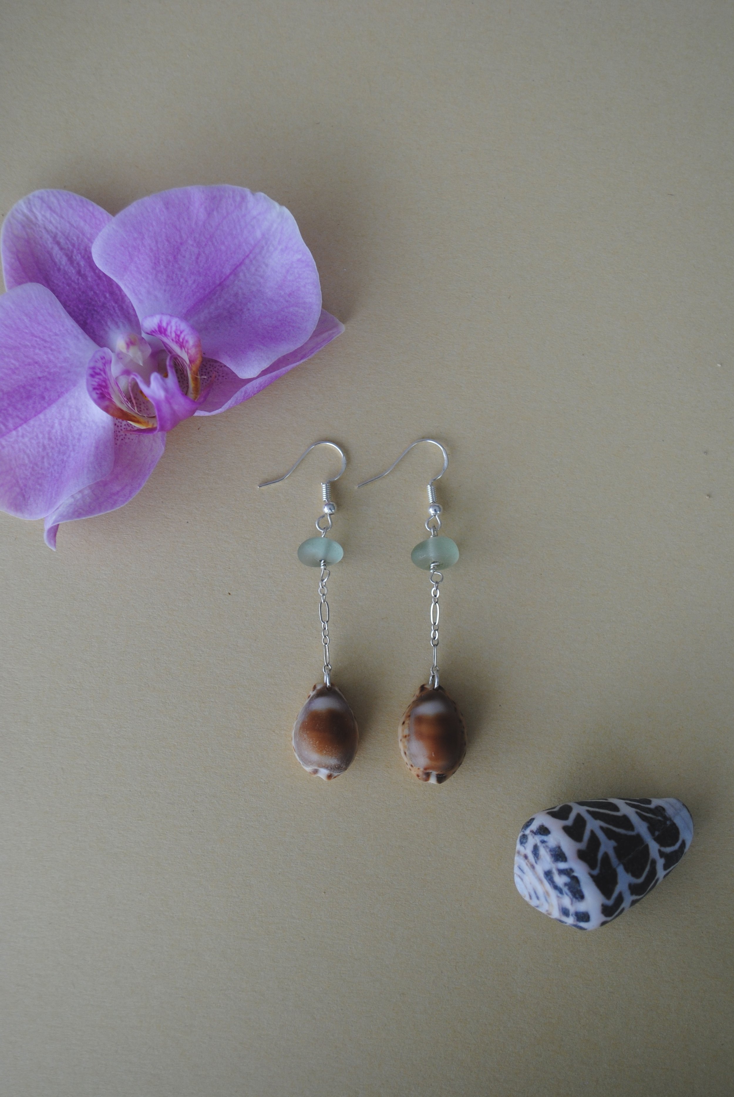 Sea Glass and Cowrie Shell Earrings