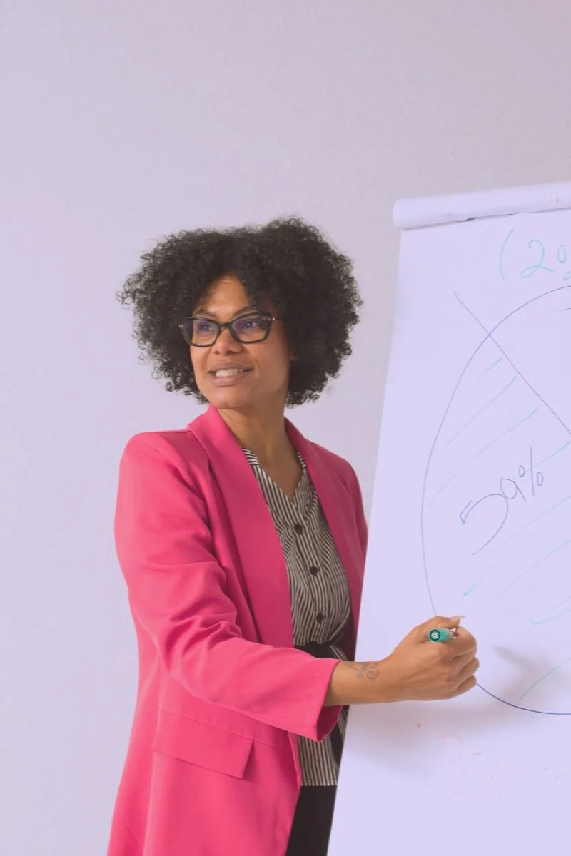 Woman with glasses and curly hair wearing a pink blazer writing on a whiteboard in a classroom or meeting room.