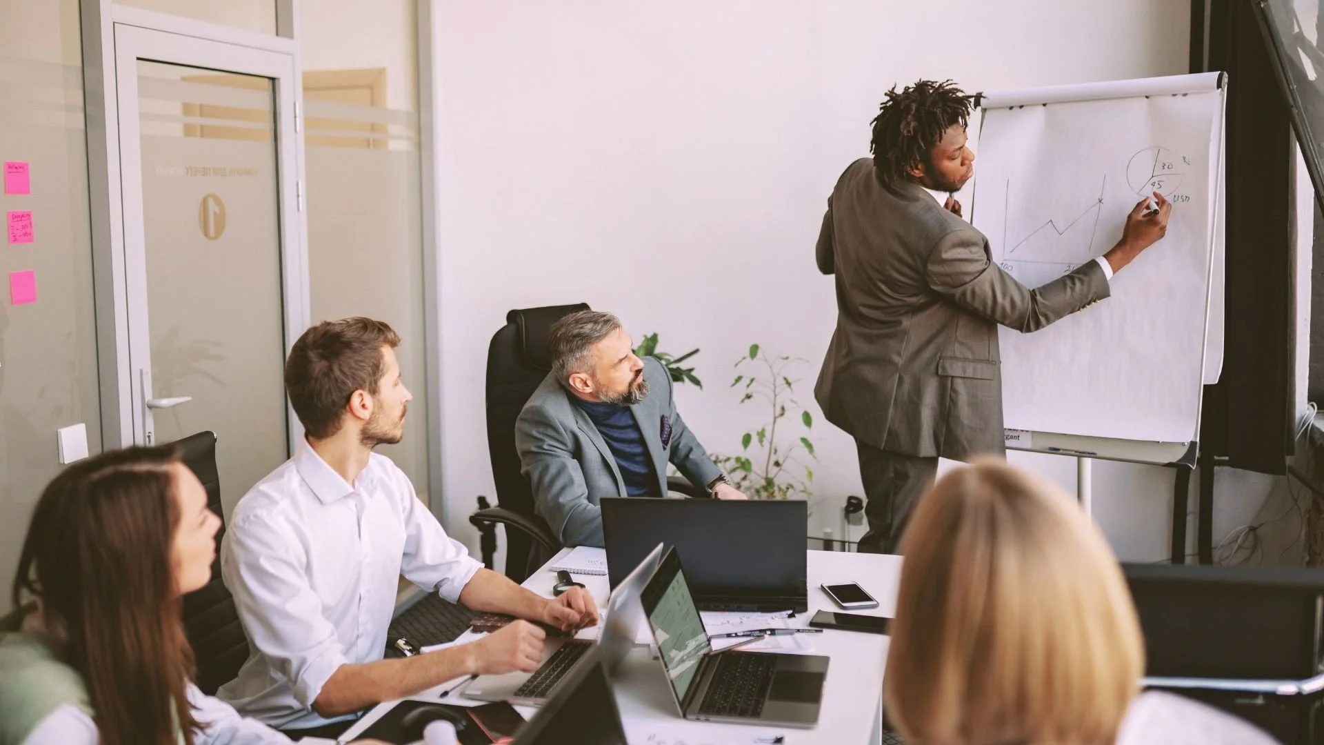 A business presentation with a man in a suit drawing graphs on a whiteboard, while four colleagues, two women and two men, watch and work on laptops at a conference table.