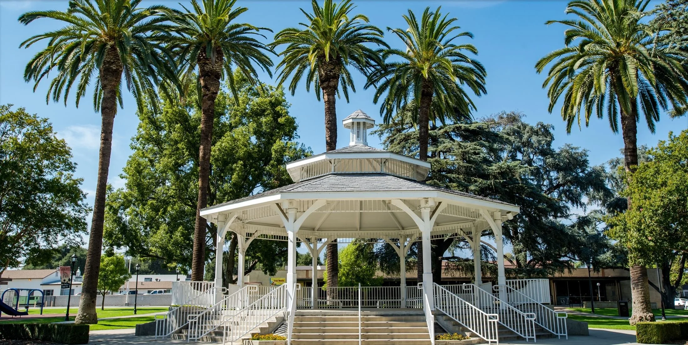 A white gazebo with stairs leading up to it, surrounded by tall palm trees in a park with green grass and other trees under a clear blue sky.