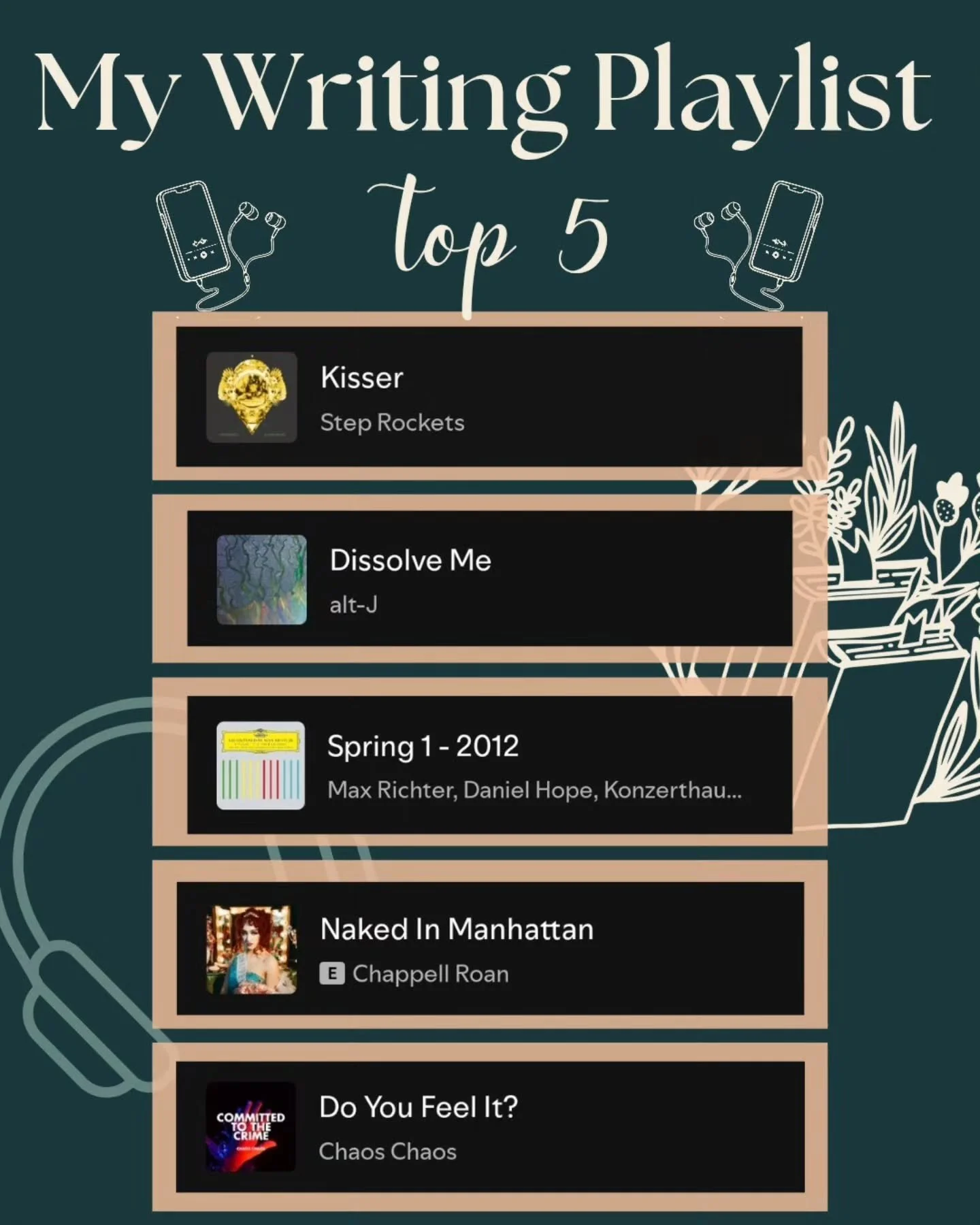 In no particular order, these are the songs/artists that usually get my fingers flying on the keyboard!

(And, actually, that entire Step Rockets album is the perfect set for writing spice. I discovered that this week 😈)

Do you have any favorite so