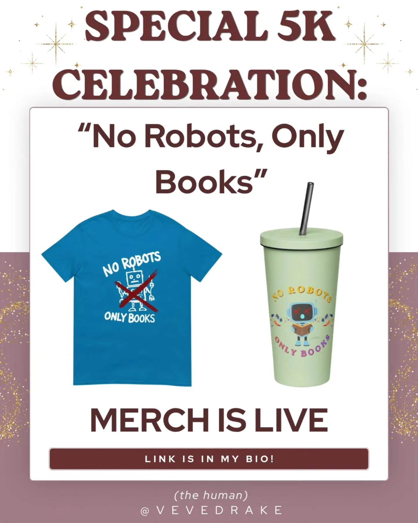 What started as one AI-bro attempting to mock me (and other creatives) has been reclaimed and turned into something so much bigger! Grab some No Robots, Only Books merch on my website (shop linked directly in my bio!)

I really don't think he realize