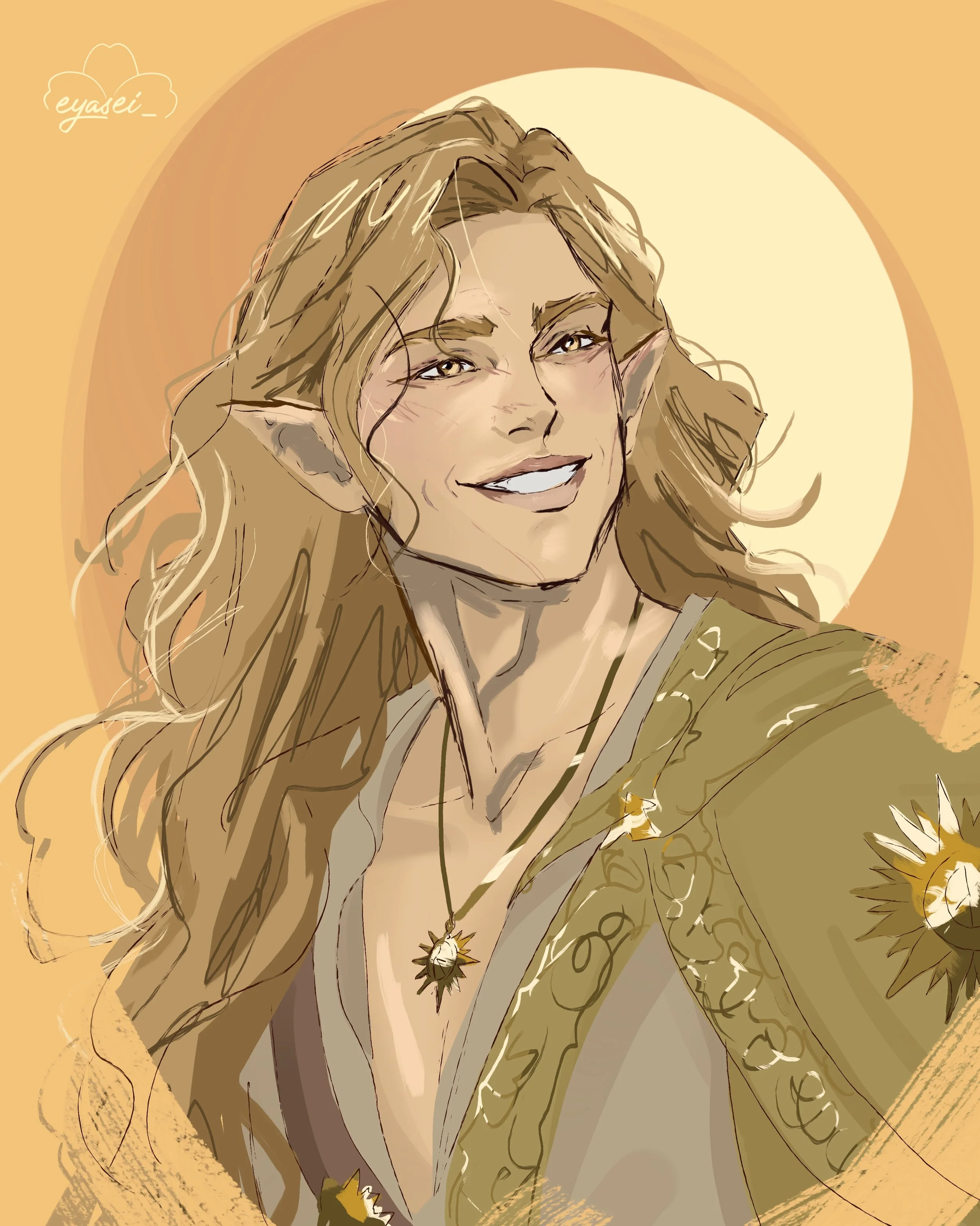 Digital drawing of a smiling woman with long curly hair, elf-like ears, a necklace with a sun-shaped pendant, set against a warm, abstract background.