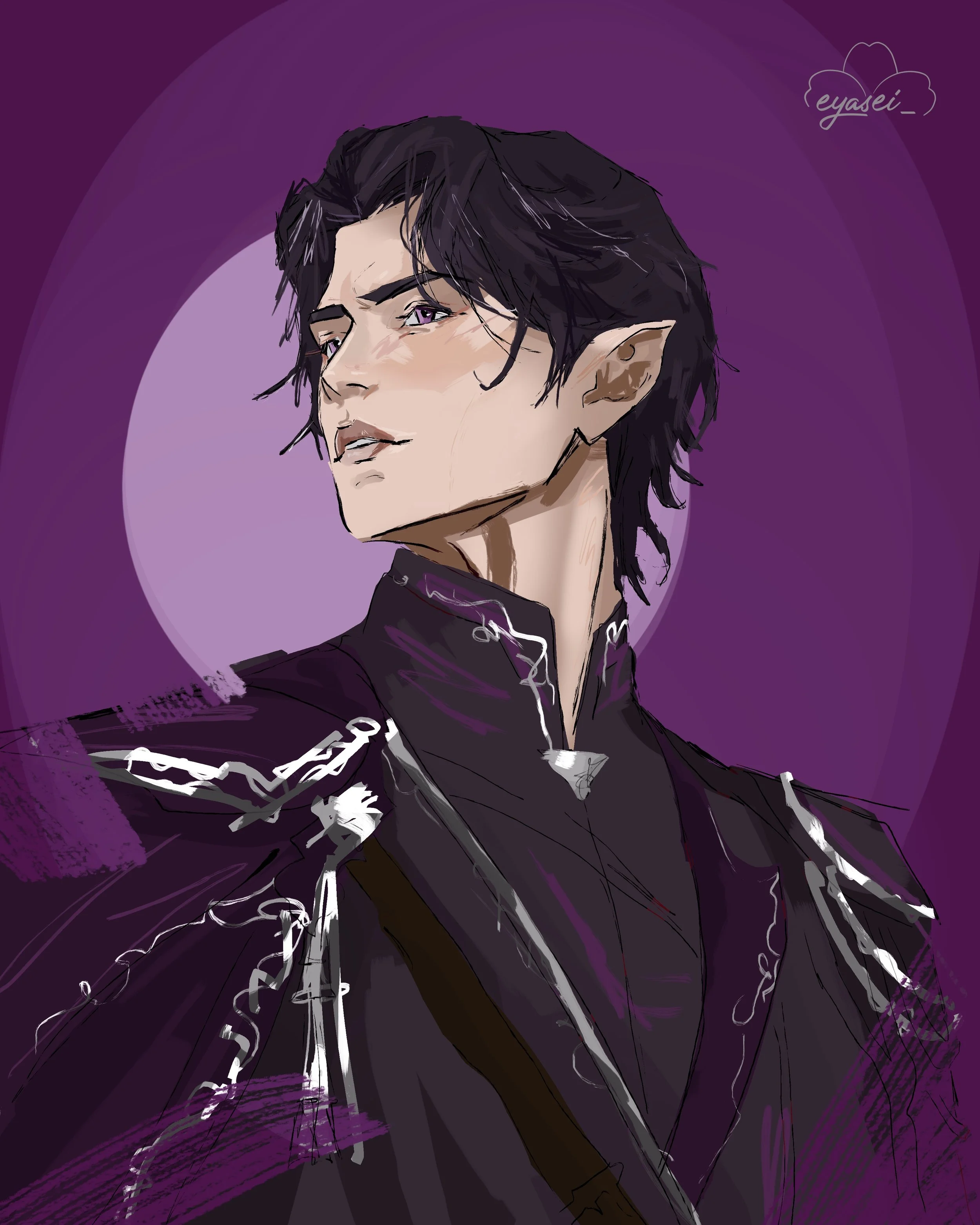 Digital artwork of a person with dark hair, elf-like ears, and purple eyes, wearing a black jacket with white and purple accents, set against a purple background with a circular light behind their head.
