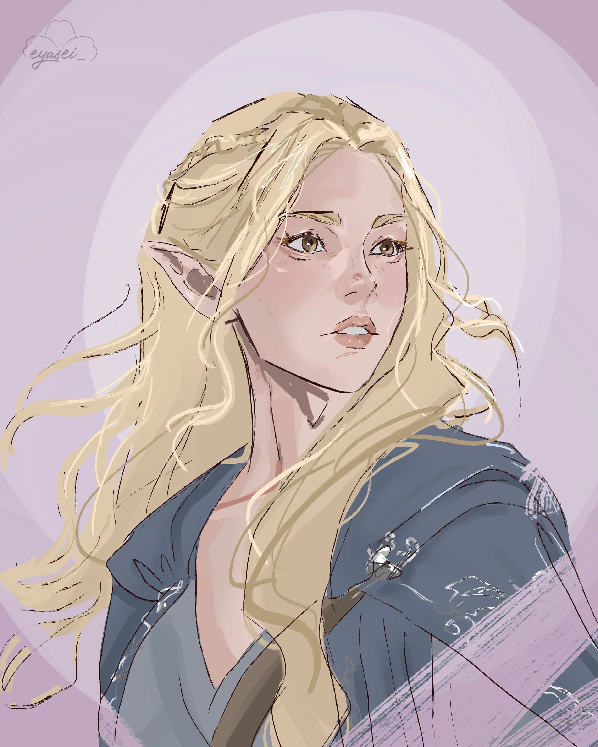 Drawing of a female elf with long, flowing blonde hair, pointed ears, and a serious expression, wearing a dark blue jacket and holding a question mark.