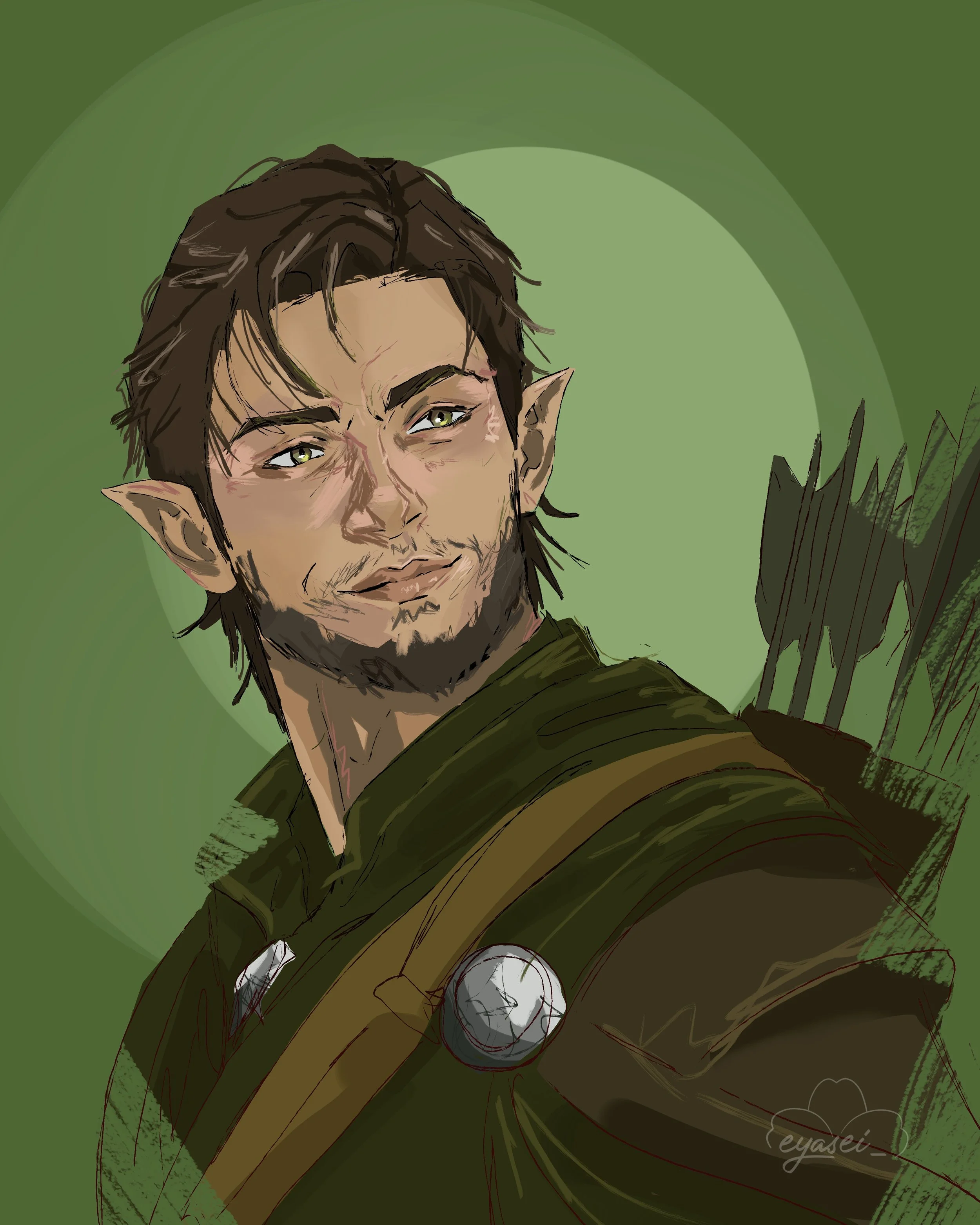 A digital painting of an elf archer with pointed ears, brown hair, and green eyes, aiming with a bow against a green background