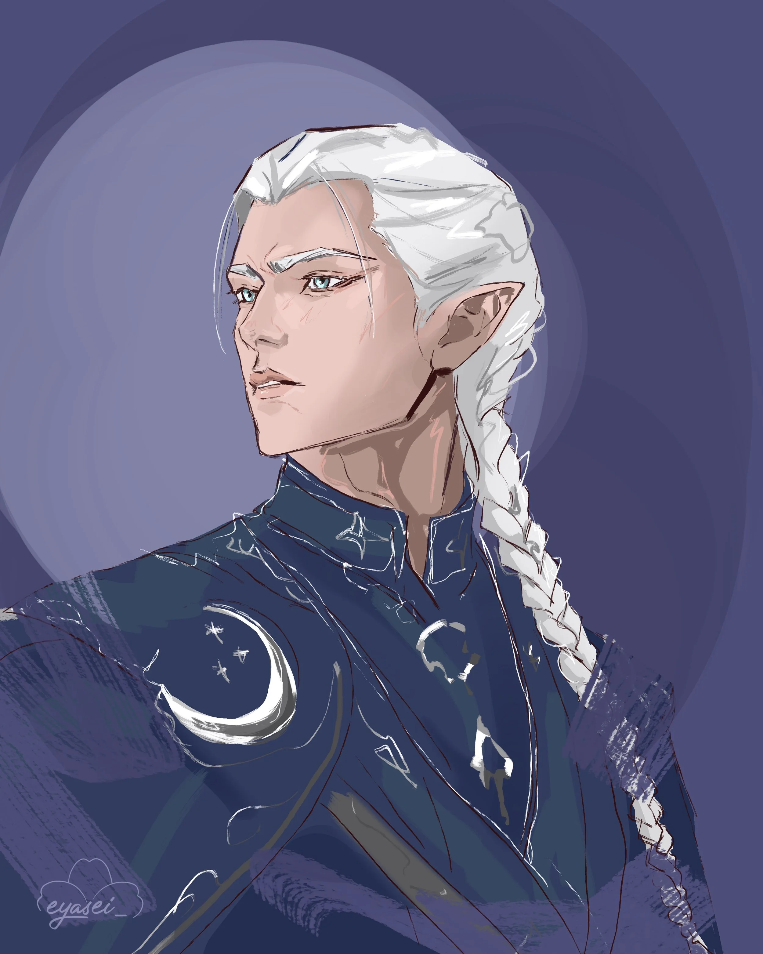 An animated illustration of an elf with white hair, blue eyes, and pointed ears, wearing a dark blue garment with star patterns, set against a purple background with circular patterns.