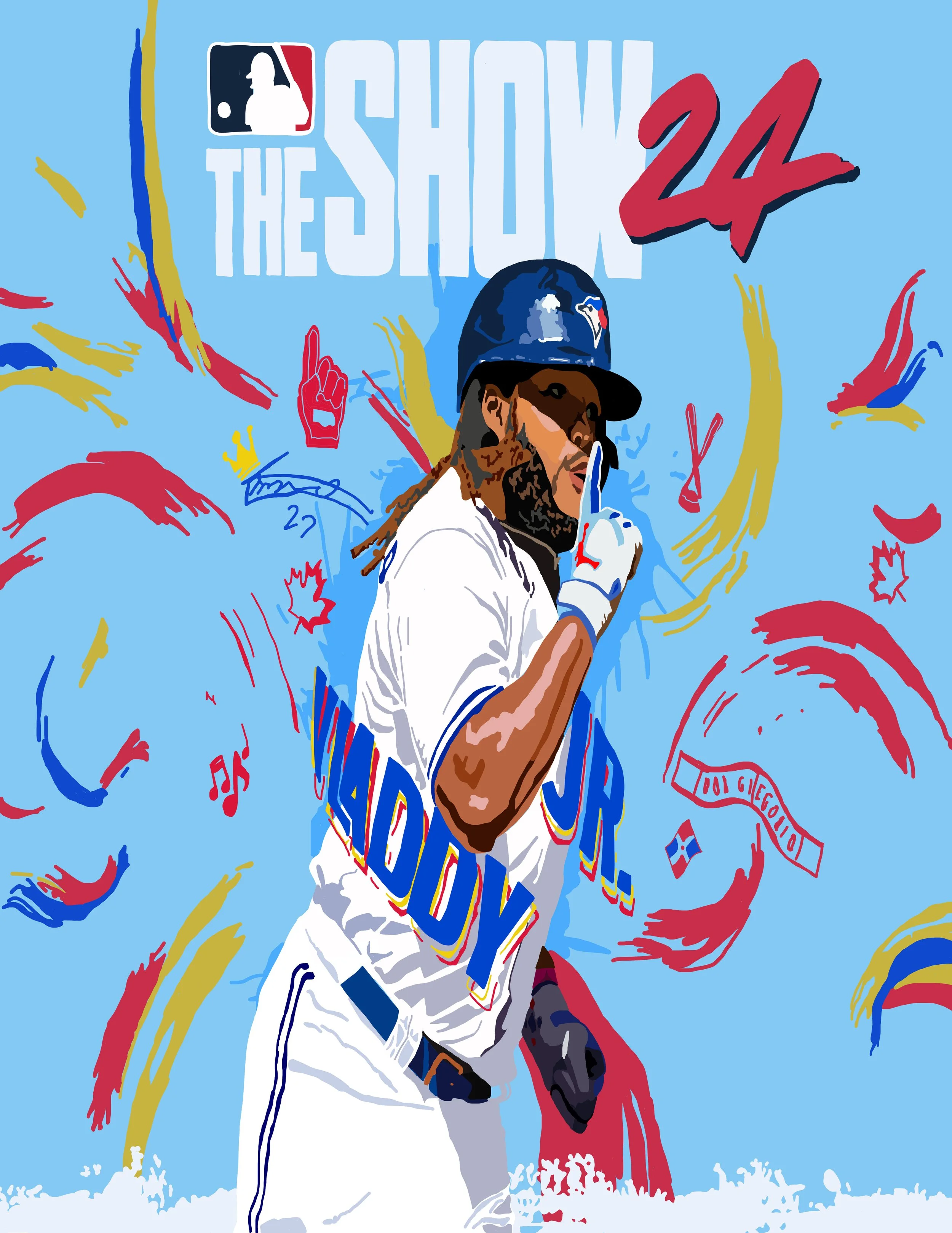 Illustration of Vladimir Guerrero Jr., a baseball player for the Toronto Blue Jays, wearing a blue helmet with the Toronto Blue Jays logo, and a white uniform which was the cover of MLB the show 24