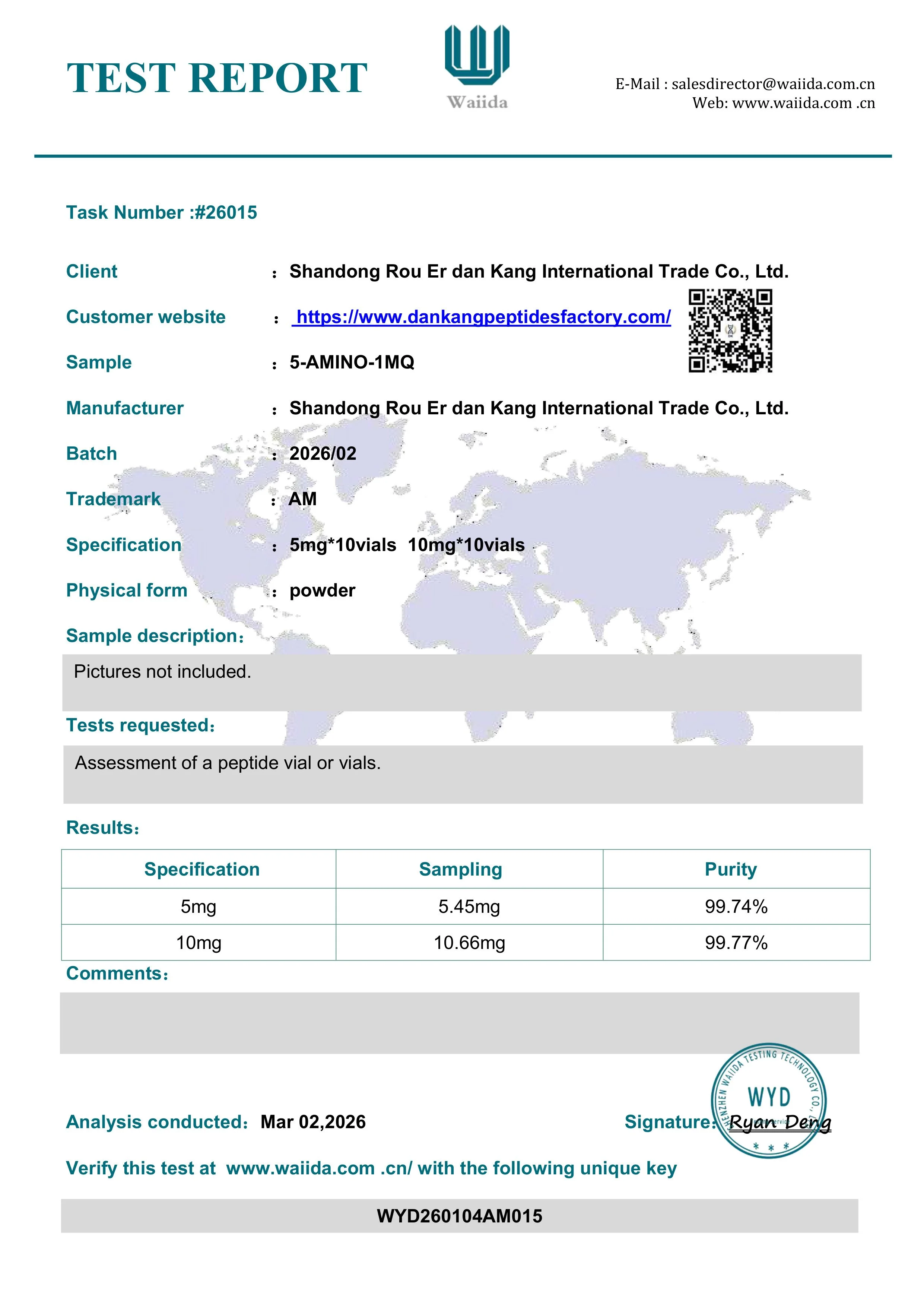 Test report from Waiida with details about a peptide analysis for Shandong Rou Er dan Kang International Trade Co., Ltd., showing sample specifications, testing results, and a signature at the bottom.