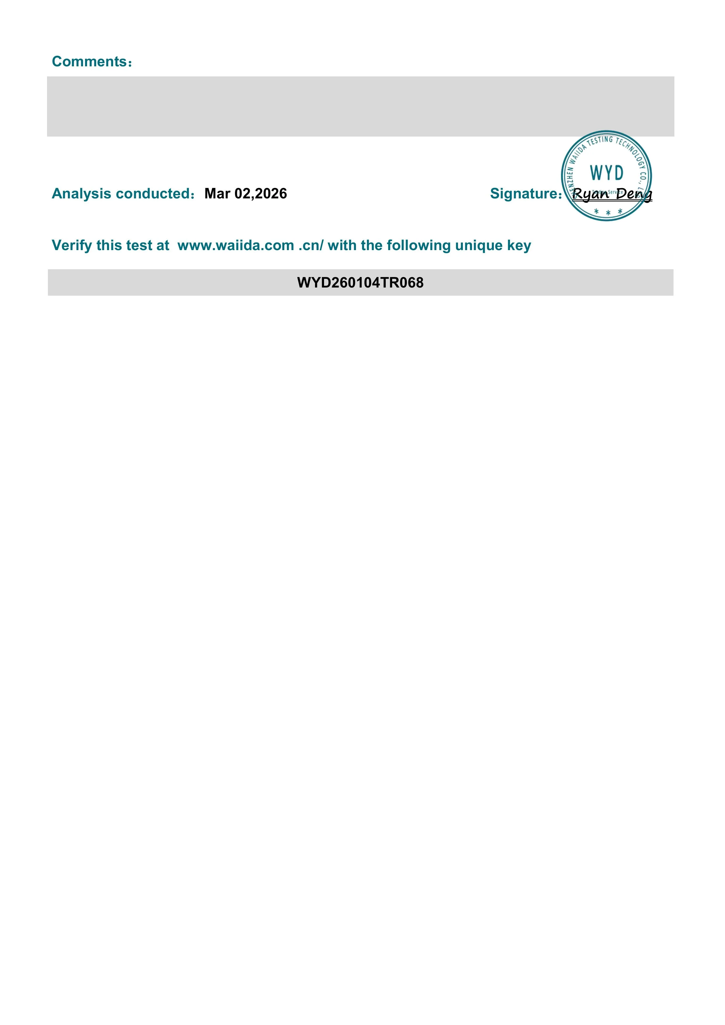 A laboratory report with analysis date March 2, 2026, signed by Ryan Demp. The report includes a stamp from Waiida Testing Technology and a unique test verification code WYD260104TR068.