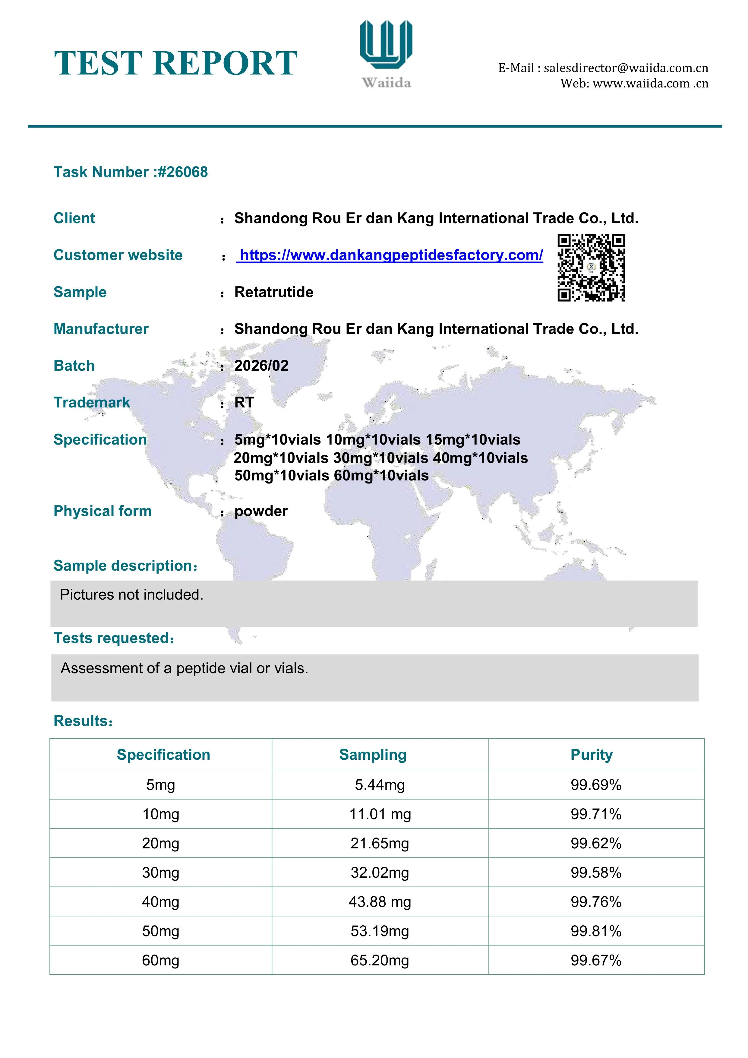 Test report document for a peptide product, includes company details, sample information, specifications, and test results showing purity levels for various dosages.