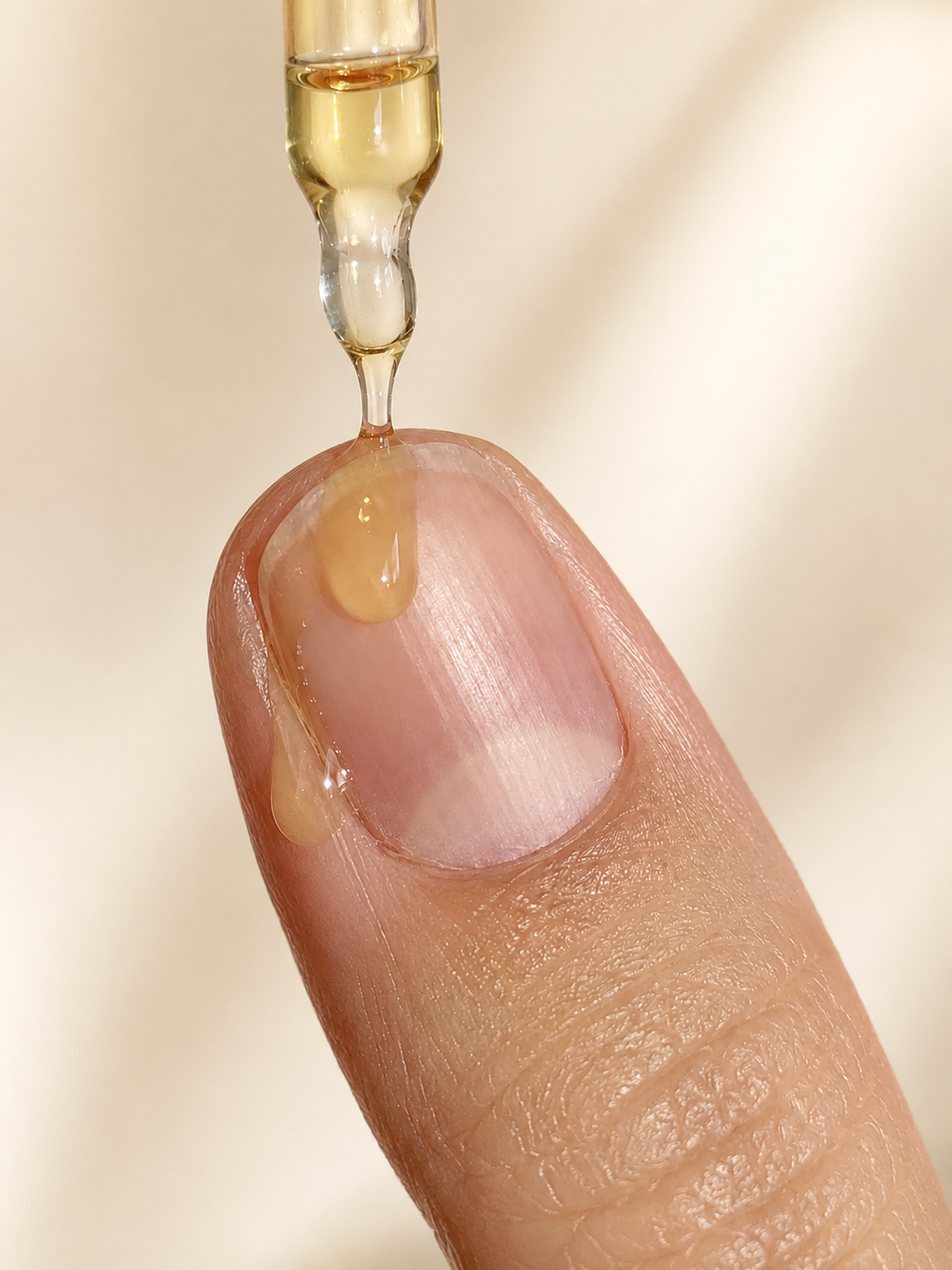 Close-up of a person's fingernail with cuticle oil being applied from a dropper.