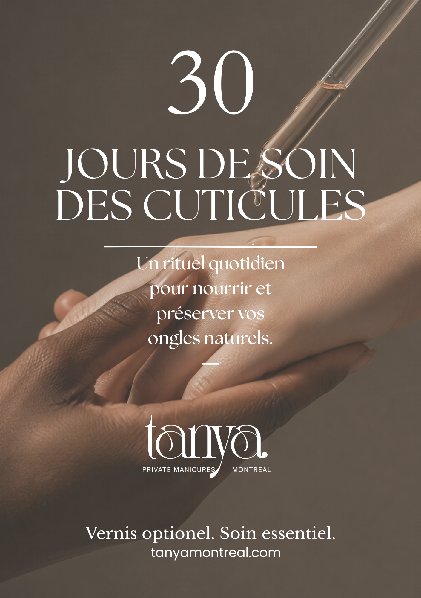Close-up of hands with different skin tones, one applying a drop of skincare product with a dropper, with text promoting skincare routines and nail care from Tanya Montreal.