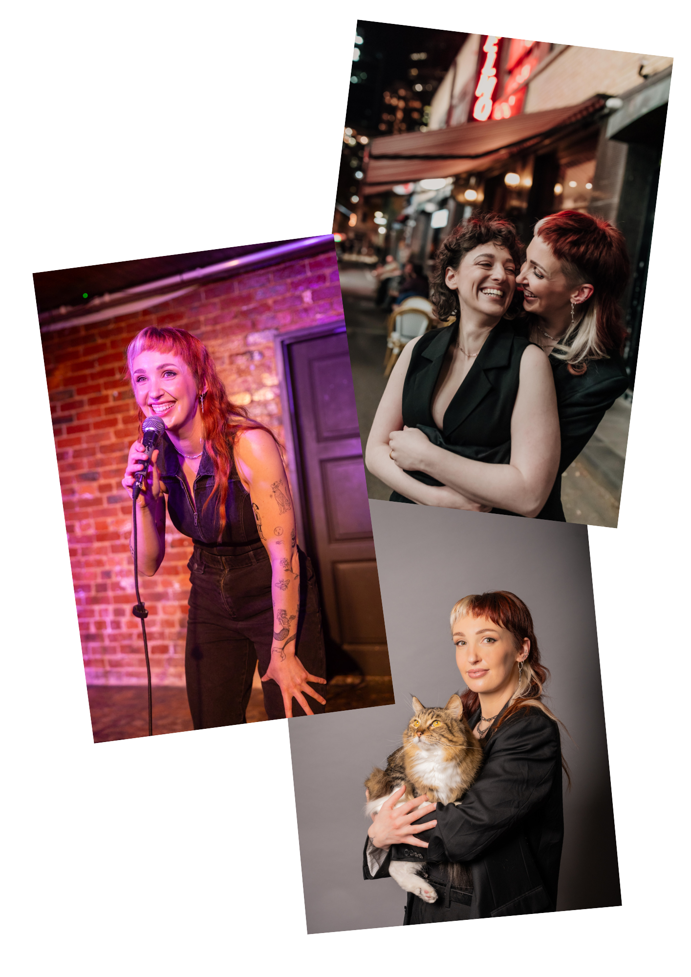 Collage of four women in different settings. The first woman with red hair and tattoos performs stand-up comedy in front of a brick wall. The second woman with short curly hair and a black dress is smiling at a woman with a mardi gras mask. The third woman with short hair and a mid-length hairstyle poses with a background gray studio backdrop. The fourth woman with long hair and a black blazer holds a fluffy cat in front of a plain background.