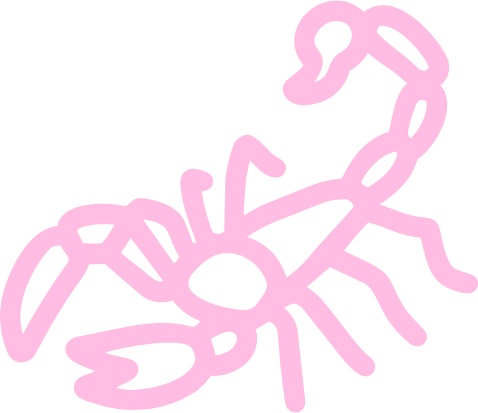 Pink outline drawing of a scorpion on a black background.
