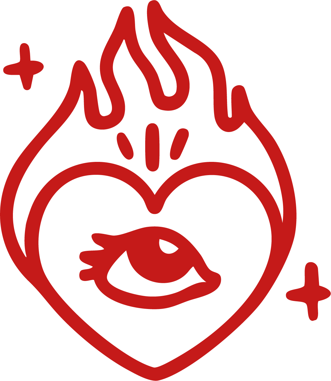 A red outline drawing of a heart with an eye inside and flames at the top, with two small star-like symbols outside the heart.