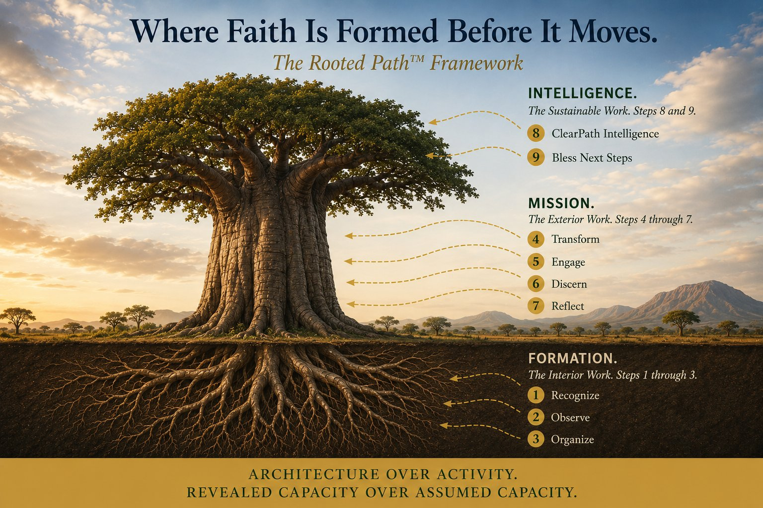 The Rooted Path three tier tree architecture illustrating FORMATION roots, Mission trunk, and ClearPath Intelligence canopy across nine steps of congregational development.