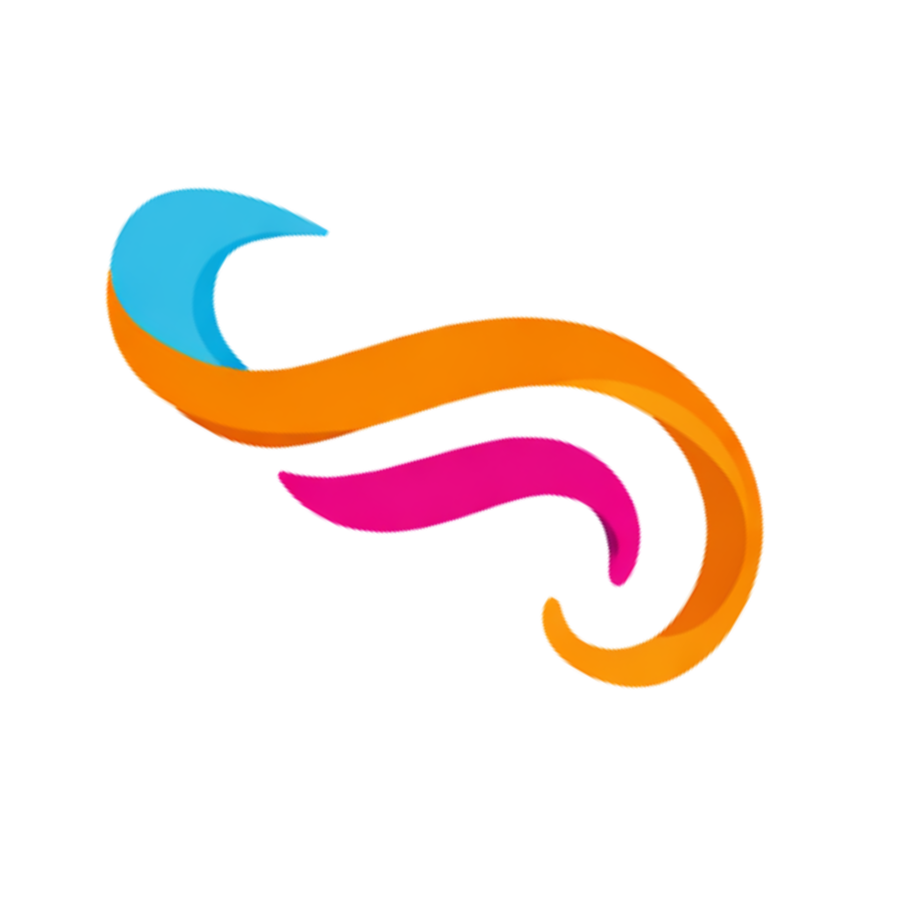 Colorful abstract logo with three curved ribbons in blue, orange, and pink on a transparent background.
