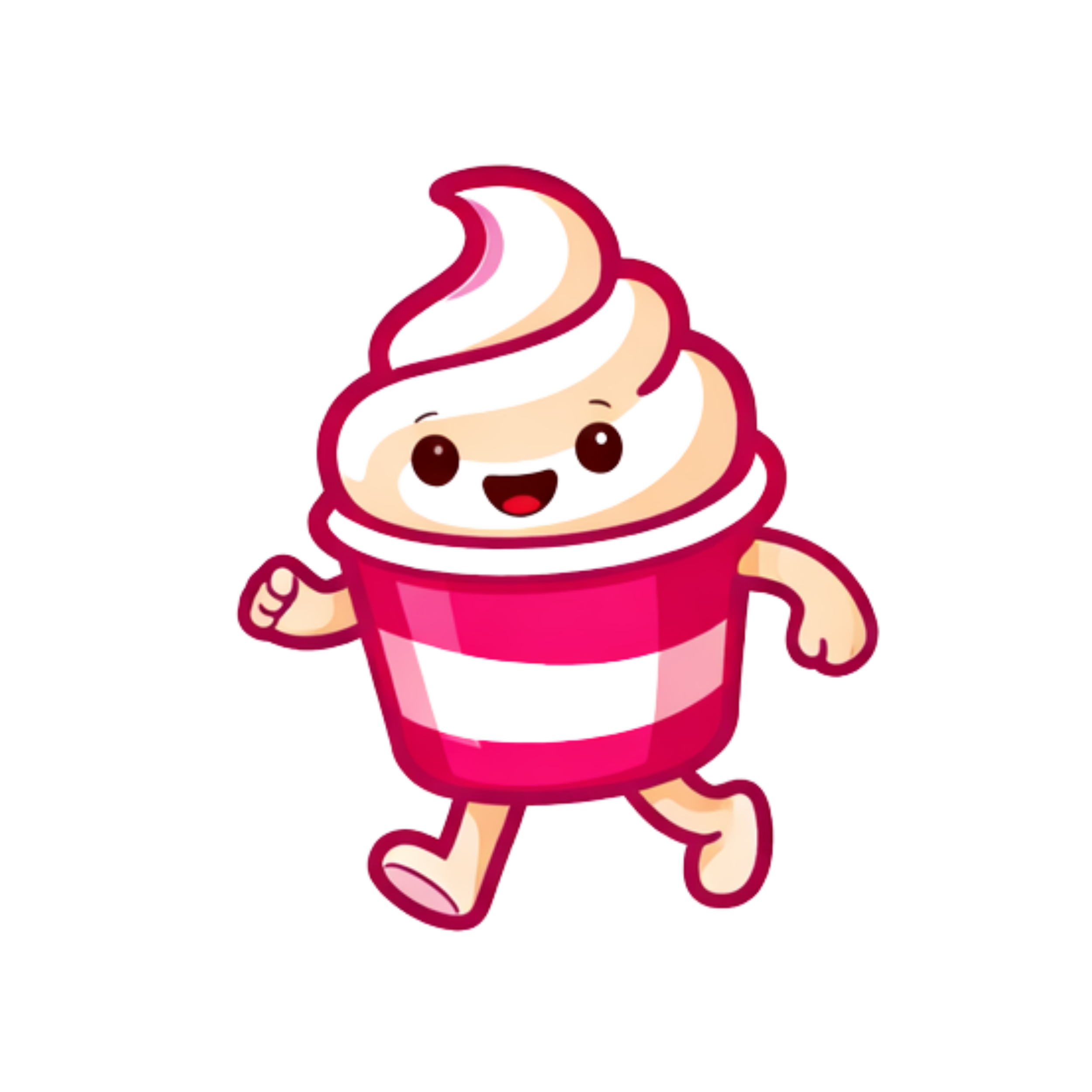 A cartoon ice cream character with a smiling face, big eyes, and a pink dress, running happily.