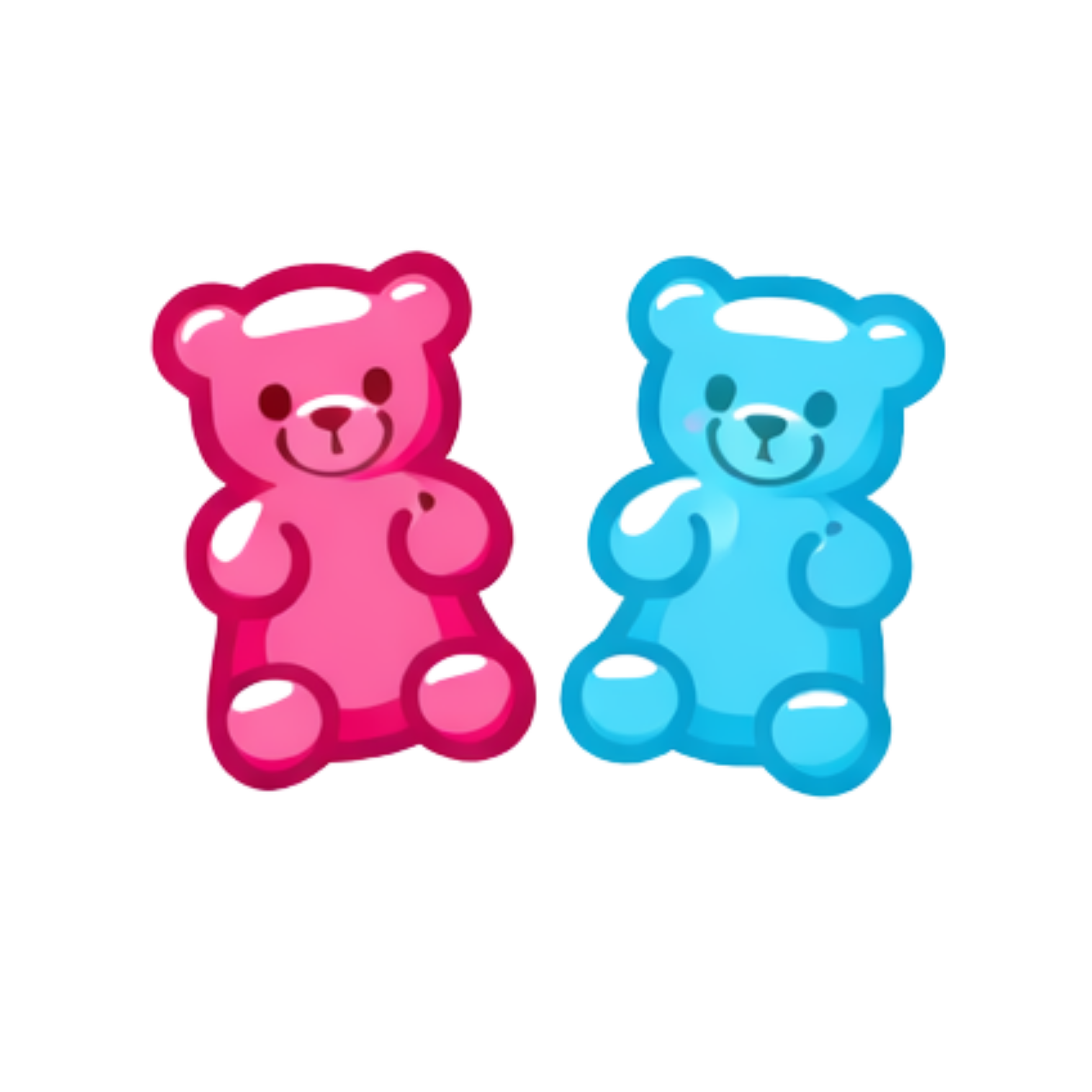 Colorful gummy teddy bears, one pink and one blue, with smiling faces.