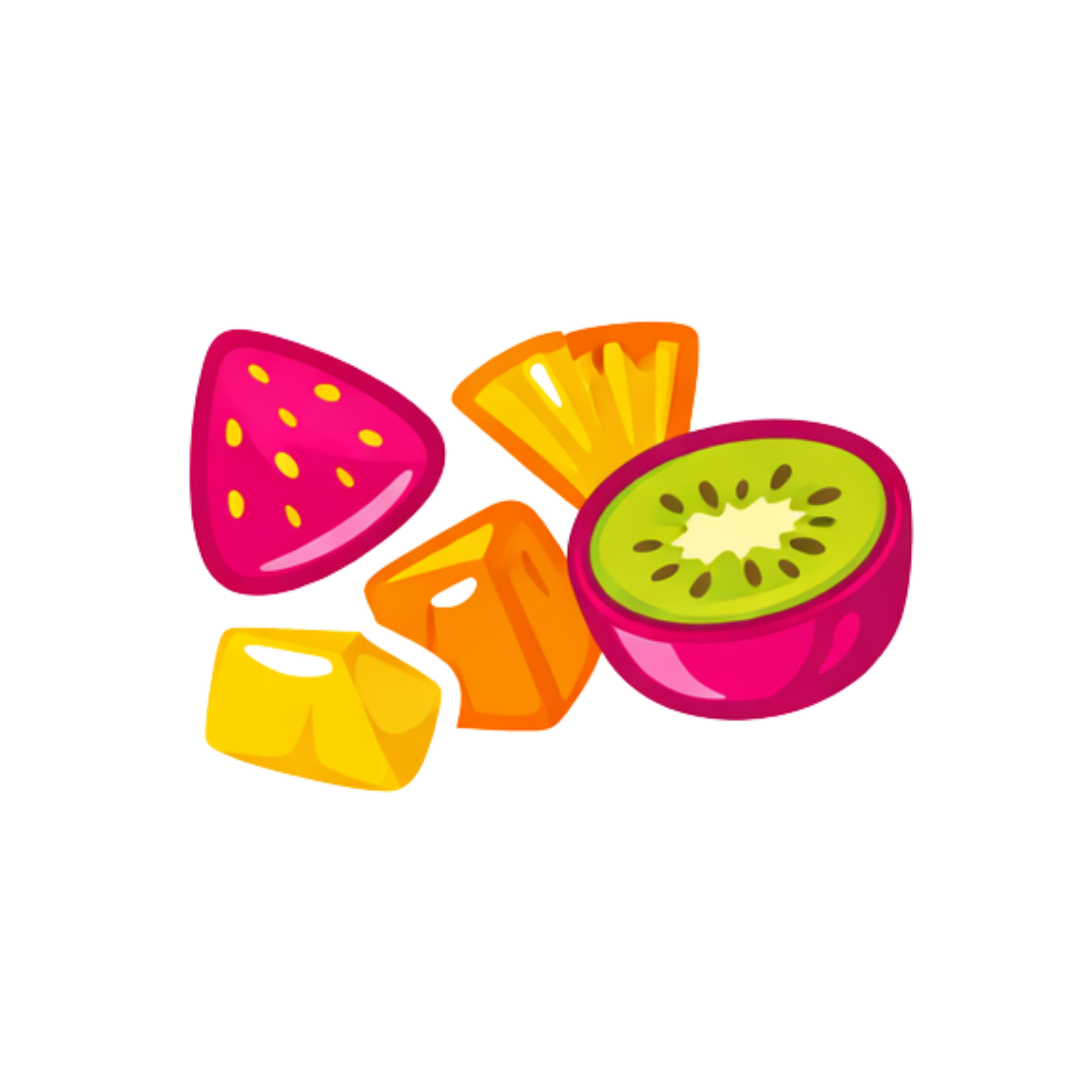 Colorful, cartoon-style assorted fruit including strawberries, pineapple, kiwi, and orange slices.