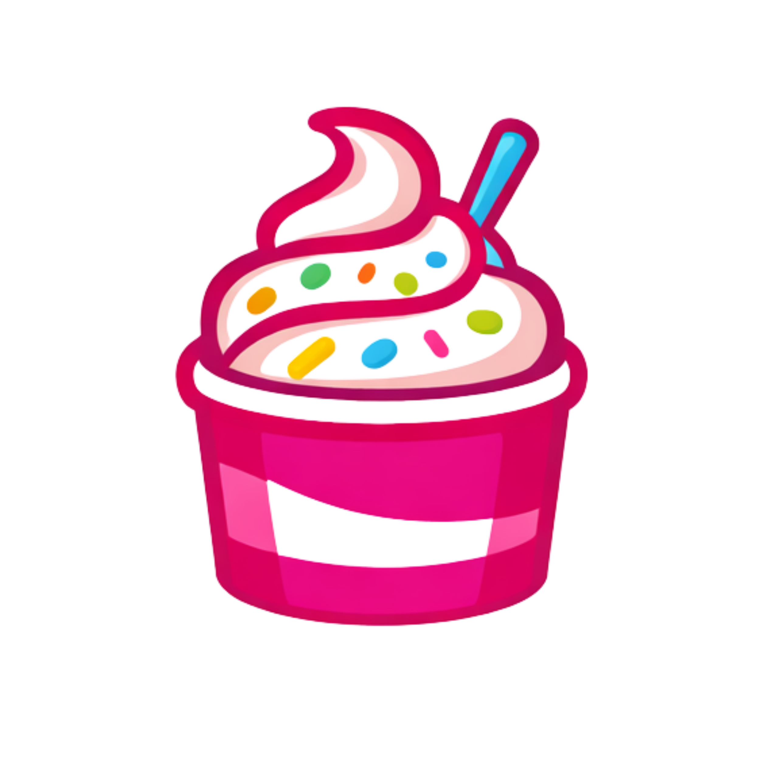 Pink cup with whipped topping, colorful sprinkles, and a blue straw.