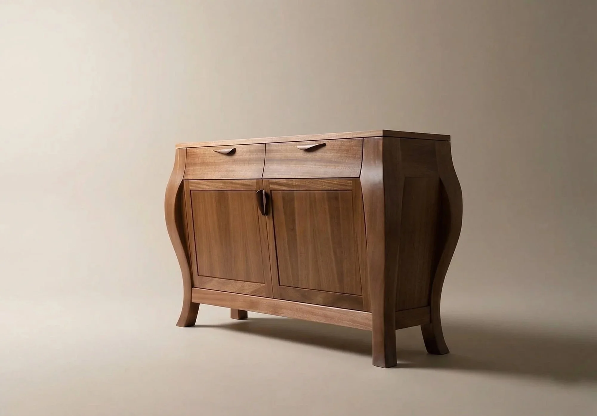 A wooden sideboard cupboard with Tuscan-inspired curved side panels and two doors, standing on four legs against a plain beige background custom made by Will Marx