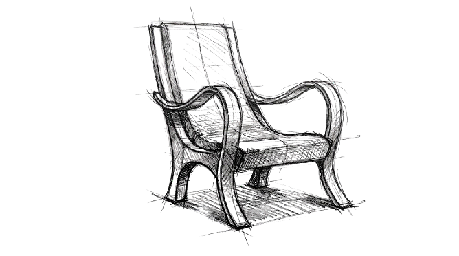 A black and white pencil sketch of a curved armchair by Will Marx