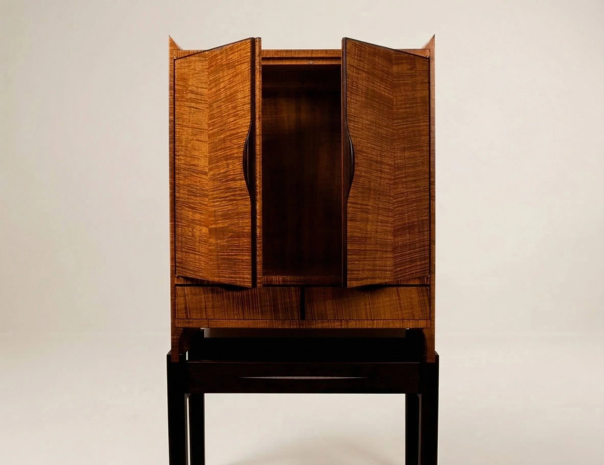 Small handmade wood cabinet with open doors handmade by furniture maker, Will Marx.