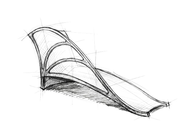 A hand drawn pencil sketch of a chaise lounge inspired by the Ulysses butterfly by Furniture Maker, Will Marx