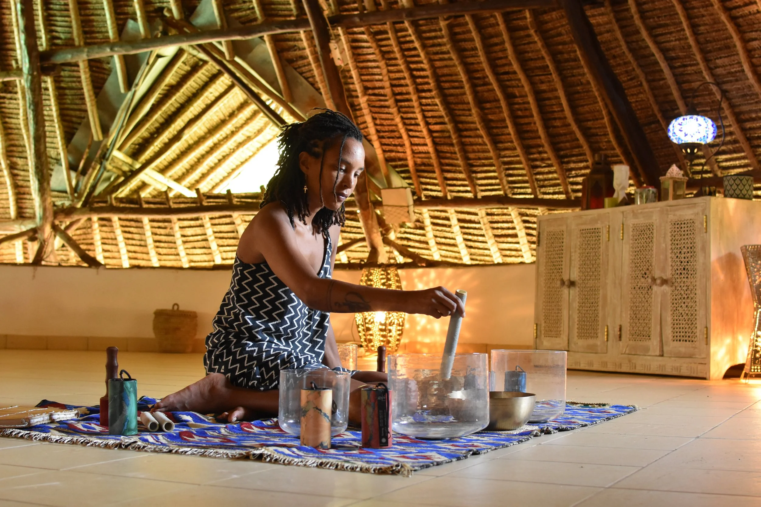 Kaya Hankar with sound healing bowls Diani Kenya