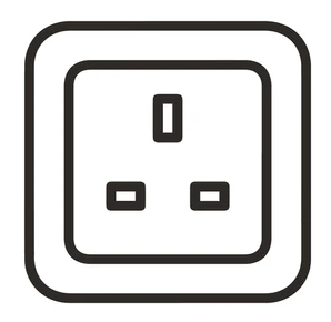 Drawing of a UK power outlet with three rectangular holes.