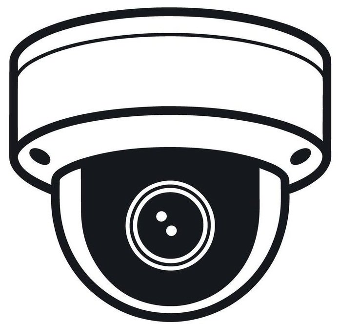 Line drawing of a surveillance security camera with a rounded dome shape and circular lens.