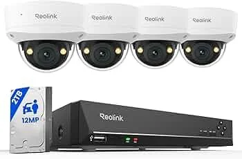 Four Reolink security cameras above a Reolink DVR with 12MP image capability.